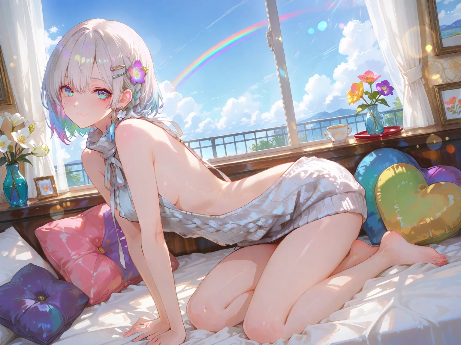 (masterpiece)、(highest quality)、((Super detailed))、(super delicate)、Princess in a naughty swimsuit、Pastel colors hair、beautiful breasts、Thighs、Gorgeous、Sea with a view of the horizon、Fantastic starry sky、Rainbow Ring