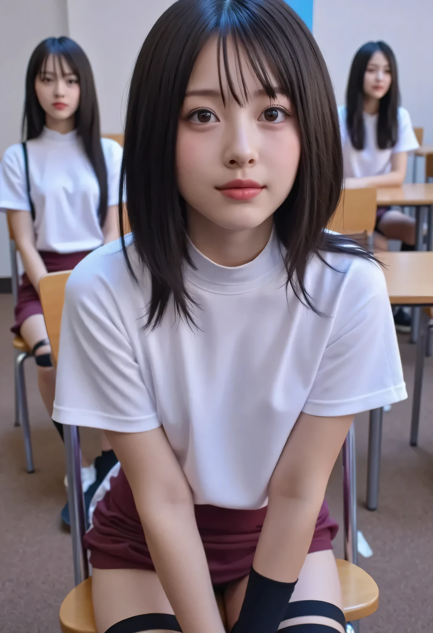 Masterpiece}}, {{Highest Quality}}, {{Largest Image}}, {{High Resolution}, {Photorealistic}, (RAW Photo}, {Highly Detailed Face}}, {{Unified 8K Wallpaper)),{In the Classroom}, {Black Knee-High Socks, Garter Straps}, {{White Turtleneck}, (Sleeveless}, Blake, {Tiny Panties, White See-Through Panties: Camel Toe}}, {Red Tight Skirt}},,, {Two Girls: Smiling, Japanese}}, {Sitting in a Chair, {{{Beautiful, (Two Young Girls), 18 Years Old}}, {{Short Bob Brown Hair}}, {Realistic Skin Texture: 1.8}, {{Glossy Skin: 1.8}}, {In the Classroom}, {Black Knee-High Socks, Garter Straps}, {{White Turtleneck}, (Sleeveless}, Blake, {Tiny Panties, White See-Through Panties: Camel Toe}}, {Red Tight Skirt}}, Blake, {Perfect body, small breasts}}, {{a slightly proud look}}