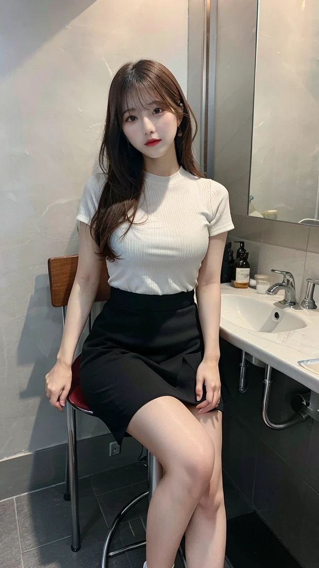 8K, Best quality at best, full-body portrait, Gorgeous Face, Pretty face, 16-year-old female, Slender body type, OL Uniform, Office clothes, black tights, outdoor scene, sitting pose, Super mini skirt, Sorrisos, large full breasts, Legs slightly spread apart