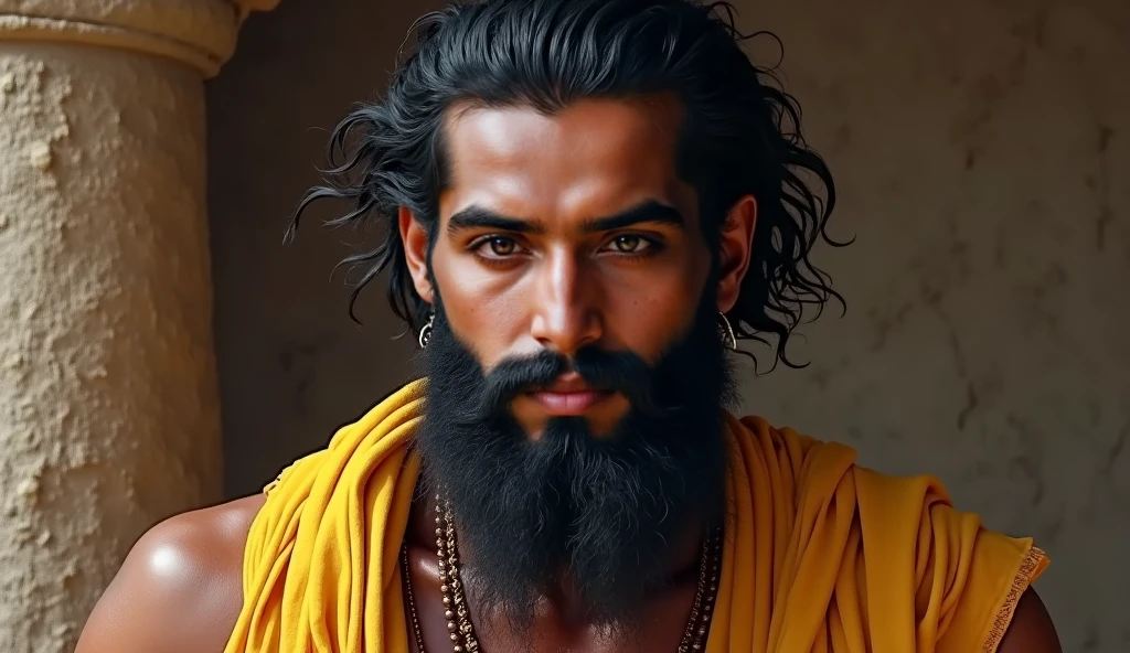 Gopabandhu Das black hair and black beard. He covered his chest with white dhoti