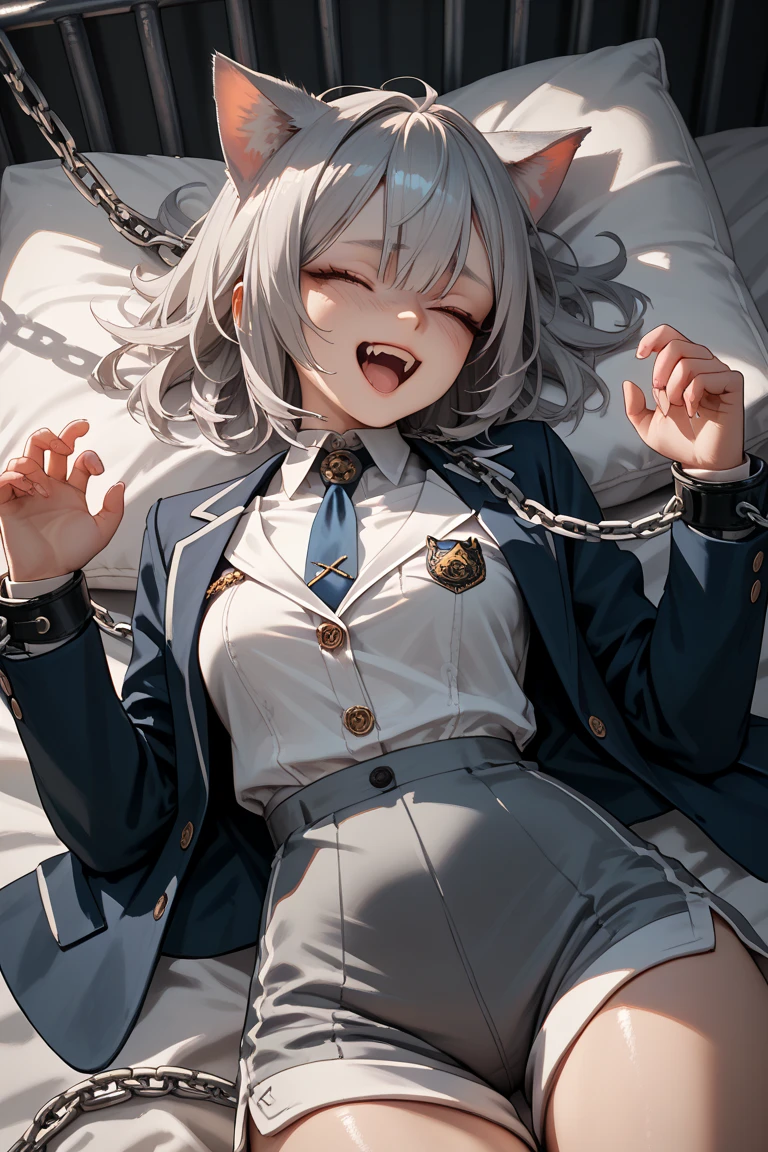 (8k、Best image quality、highest quality、masterpiece)、Detailed face、 1 girl、kasukabe tsumugi、Grey Hair、Side Tail、Light blue eyes、evil smile、((Grin))、Small breasts、((Black Shirt))、Yellow tie、Yellow cardigan、((micro miniskirt))、((white baggysocks))、sitting、knees up、Gym storeroom