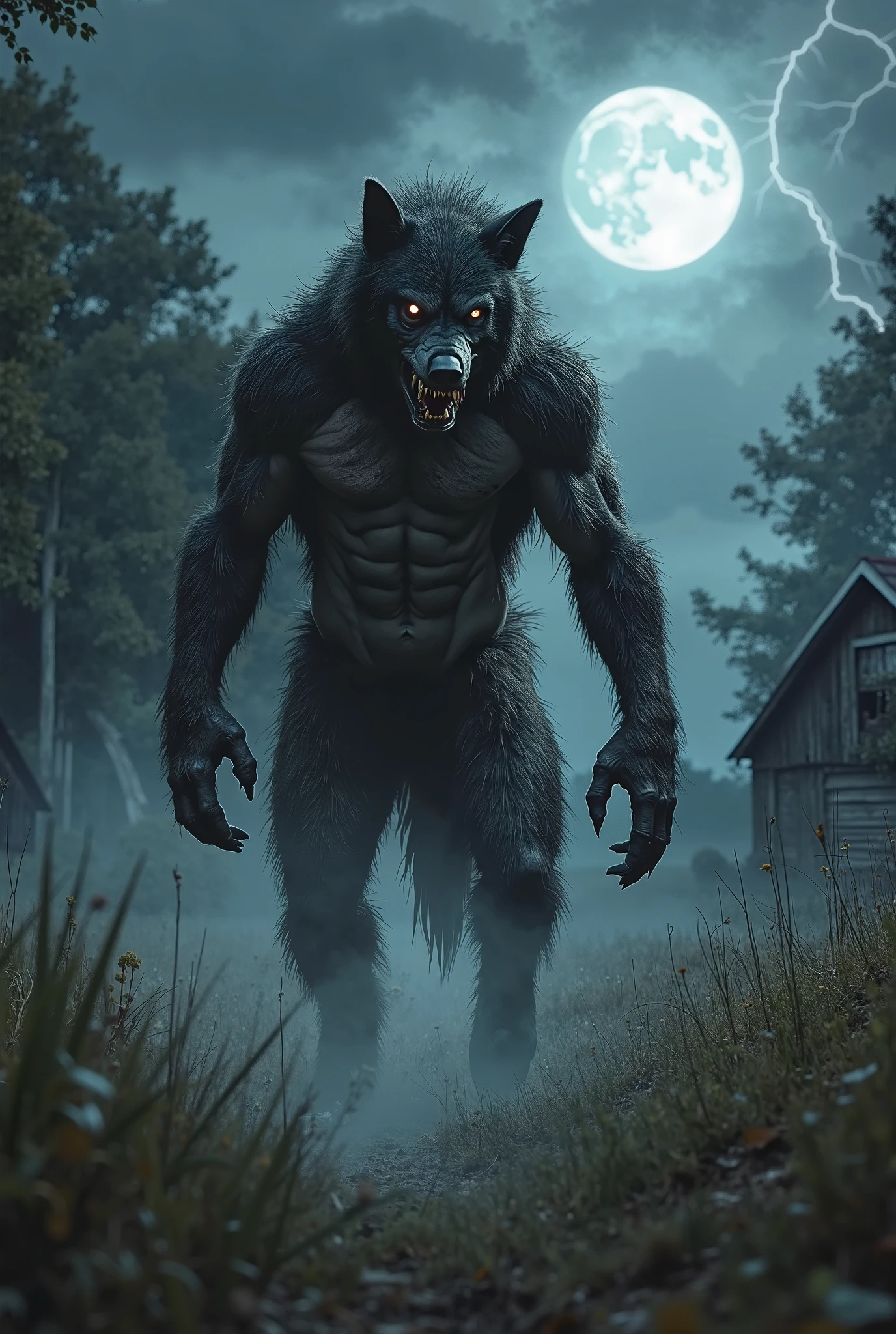 An image of a man in the form of a werewolf standing in the forest with a full moon, PICTURE REALISTIC ,high resolution, 8K