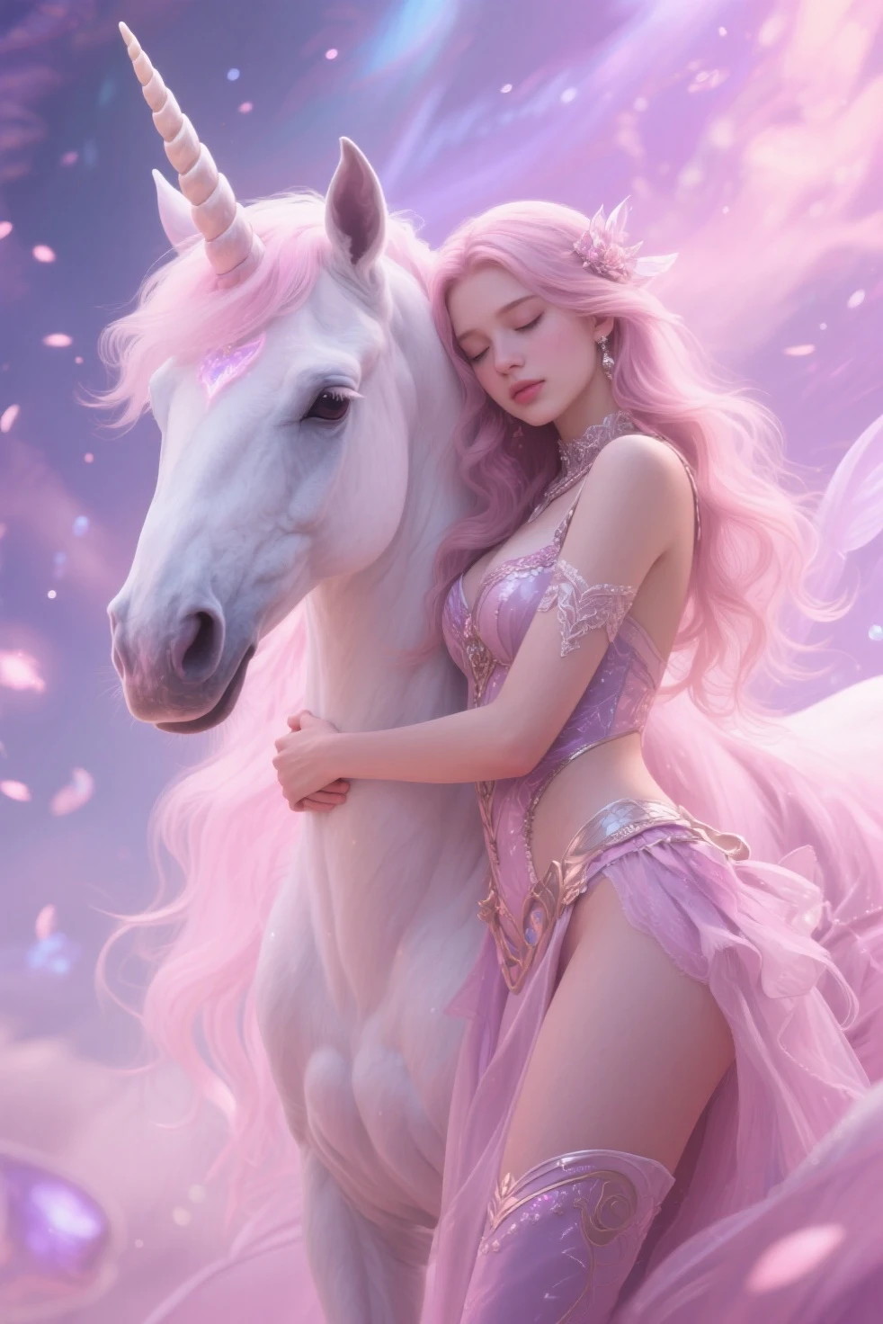 (two subjects)(complex details)(a very high quality,4k,8k,highres,masterpiece:1.2), ultra-detailed, realistic, photorealistic:1.37, HDR, UHD, studio lighting, extreme detail description, professional, vivid colors, bokeh, portraits, landscape, fantasy, sexy, Malaysian, damsel, hijab, sheer, open, translucent dress, big breasts, cute face, unshaved pubic area, pets, kisses, fantasy unicorn, elven glade, moonlight