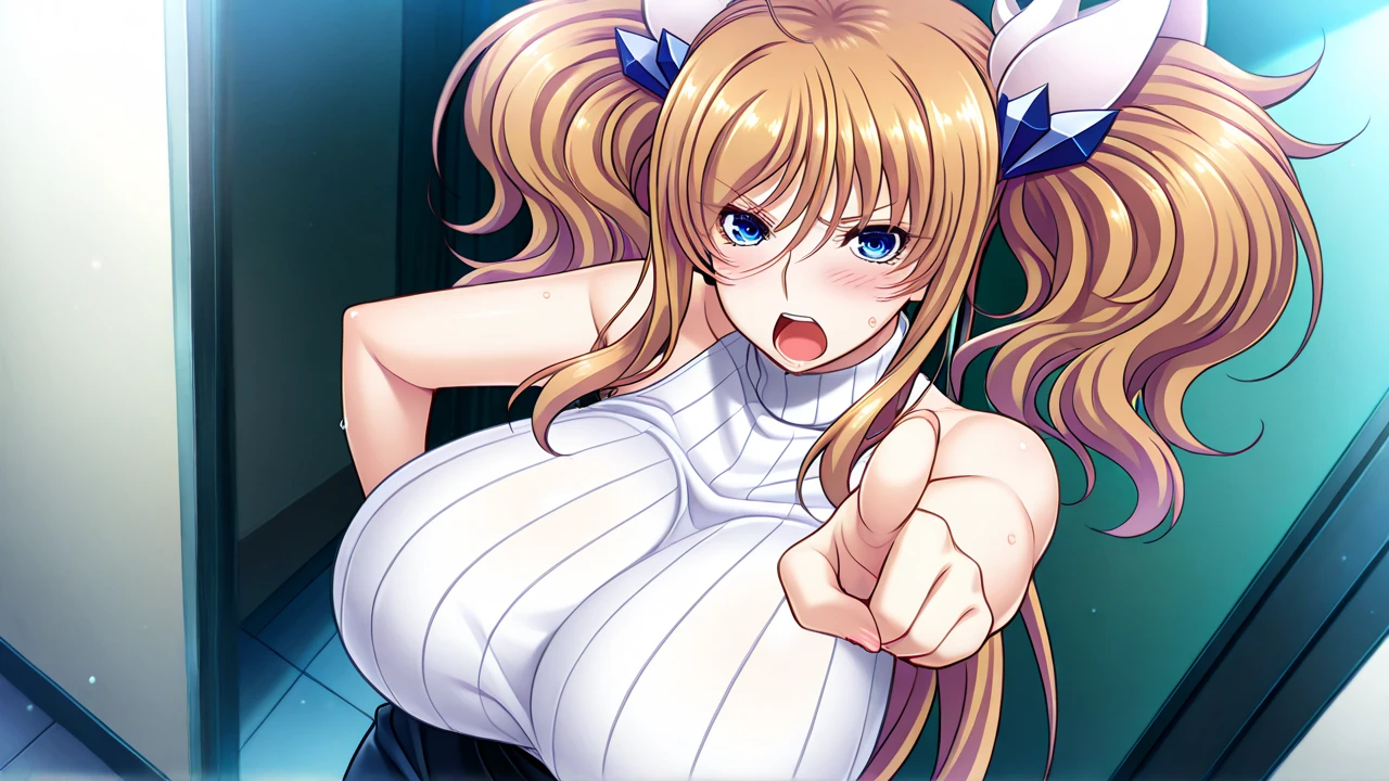 gigantic breasts,bursting breasts,white maid outfit,cleavage cutout,cute smile,shy,one eye closed,cat ears