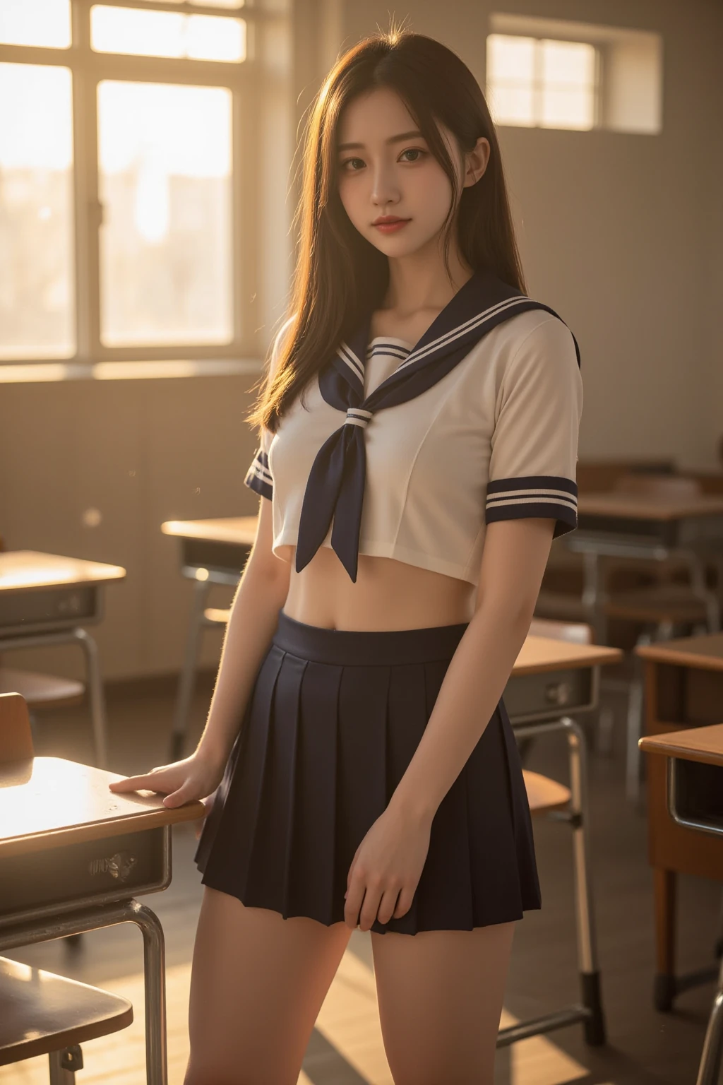 smile、((Browsing Caution))、((Female organ:1.1))、(masterpiece, Best image quality:1.2), 8k, 16 years old, beautiful girl, (When I lifted up my short navy blue skirt, Her bare underbelly is visible.、I can see your crotch:1.8)、Short sleeveの白シャツ、Cute Face、 Body Shot、 (Navy Pleated Skirt:1.1)、Thighs、Short sleeve、sunset、Orange light、Tucked up skirt