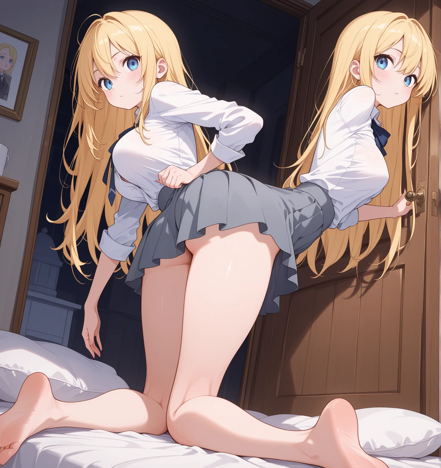 best quality, masterpiece, highres, solo, (shokuhou_misaki_bluearchive:1.10), 1girl, spread legs, squatting,cameltoe,on bed