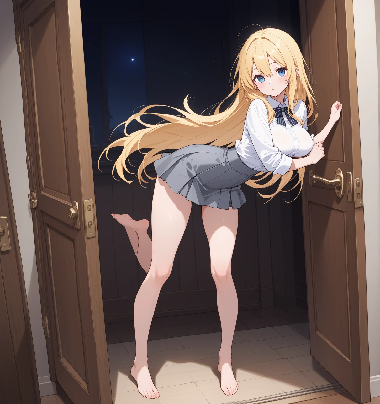 expensive body, expensive, Long legs, mature female, mature, Adult, Simple Background EFT_girl, Long Hair, alone, Blonde, very Long Hair, naked全naked, smile, blue eyes, View your viewers, Pointed Ears, Are standing, window, indoor, chest, Mouth closed, naked、Only one leg is raised