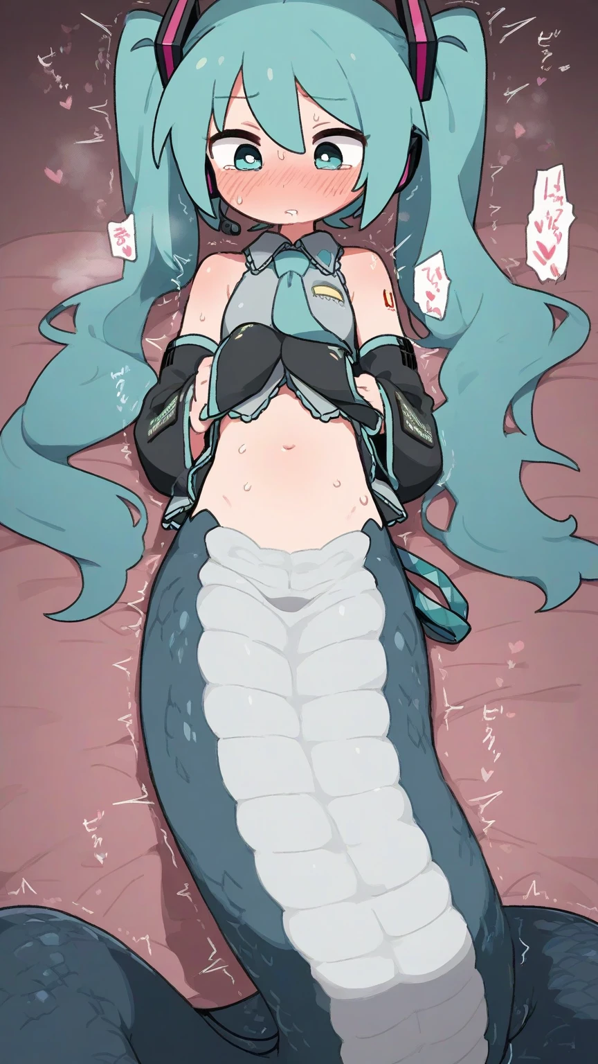 ((Highest quality)), ((masterpiece)), ((detailed)),((Browsing Caution)) (White turbid mucus bed)　{{nsfw}} ((Sujiman))(((dark long dragon penis girl))) more Cowper's fluid (Estrus)((Vulgar cleanness underwear)) 
Blue Hair,Red Eye,Long Hair　(Black knee-high sandals)
 (Hot and glowing skin) Wet　Embarrassing