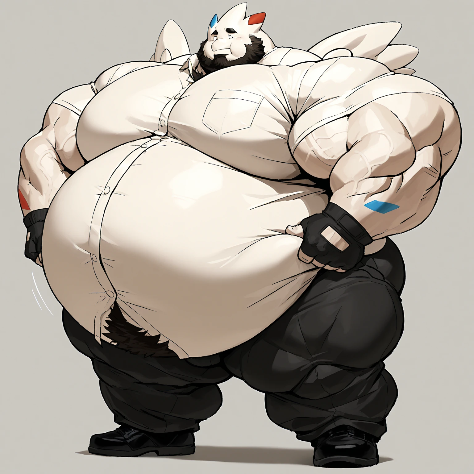 excessively muscular penguin, masculine face, perverted expression, prominent veins, huge ass, huge chest (huge: 2.5), muscular thighs, thin waist, full body, bare back, naked (private part exposed), nicebulge, bodybuilder, holding his huge penis, hot pose facing the camera, white background.