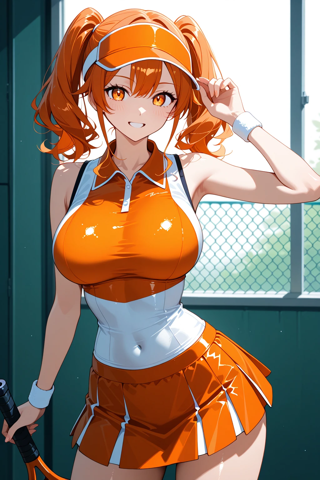 Photographed at the playground,Show the whole body,Tubanakano, Nakano Yotsuba, Bangs, Short Hair, Blue eyes, Hair between the eyes, Hair Ribbon, hair band, Orange Hair, Green ribbon,Big Breasts, Cleavage,Cheerleader clothes