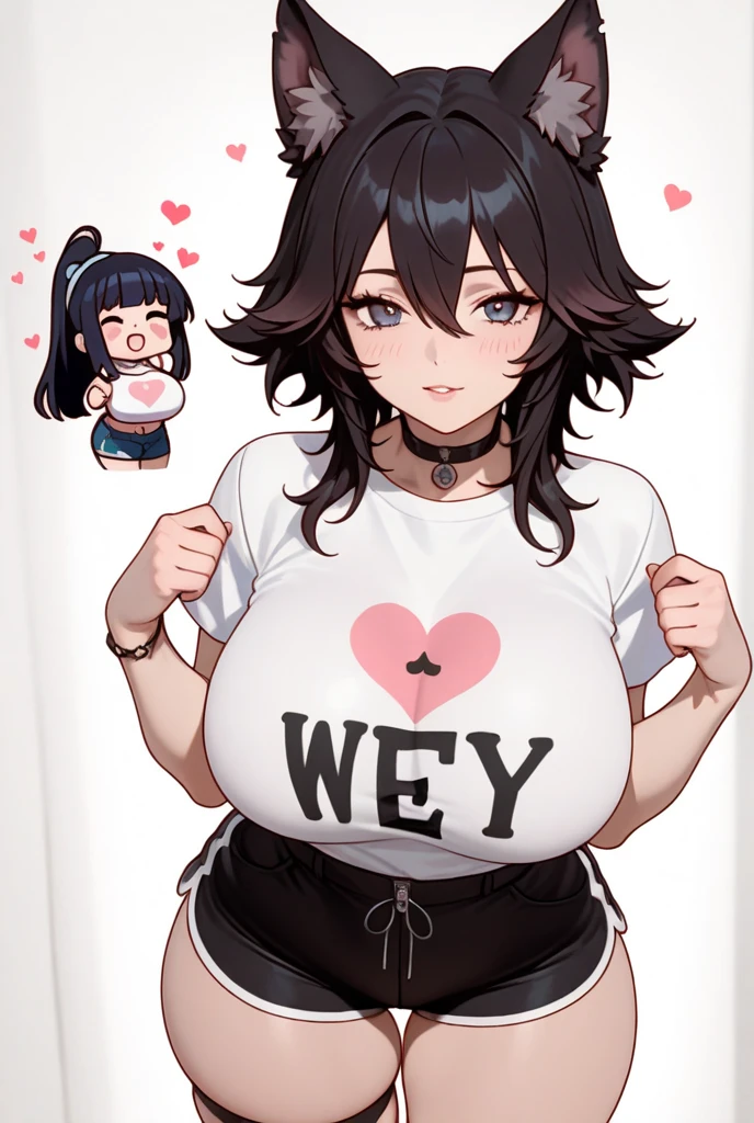 Sister in a white T-shirt with colorful graffiti and white shirts, big belly, saliva, hungry, tummy, navel, Mouth open, Rolling the tongue, Little sister