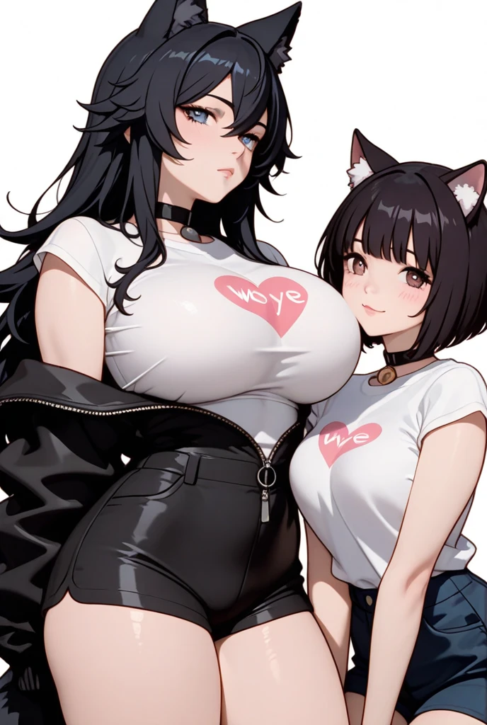 draw me an anime picture, a woman with black twintail hair, and wearing a trendy black jacket with white stripes on each side of the jacket, cute face and beautiful face, white skin, sexy body, standard breasts, and big buttocks, wearing ear accessories cat, and wearing black jeans, purple eyes, wearing black-framed glasses, hands waving as if to give a welcome signal, with a beautiful background of night in the middle of the city