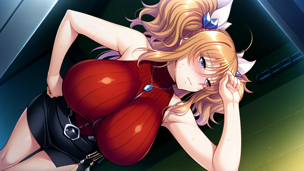 (((Stunning blonde hair))), (blue eyes), blue necklace, Gold earrings, fit, Gorgeous body, nice, Brown eyebrows, (Two moles above the lip), Large pupils, (23 years old), One girl,alone, Complex skin, Warm Light, (Large Breasts), wide thighs, Round ass, Five fingers, ((Blushing)), ((Detailed face, Highest quality)),(beautiful細部までこだわった目), Red lips, eye shadow, beautiful顔, Long Hair, Very fine grain, intricate details of the eye, Perfect Lips, Good lighting, ((masterpiece, Highest quality, High resolution, Super detailed),(beautifully、審美的にもbeautiful:1.2, Showing off the most body), 1 female, High short ponytail, beautiful, Detailed eyes and face, Amazing cleavage , ((Tiny top and latex panty bottoms)), swimming pool, Complex parts, H cup breast size