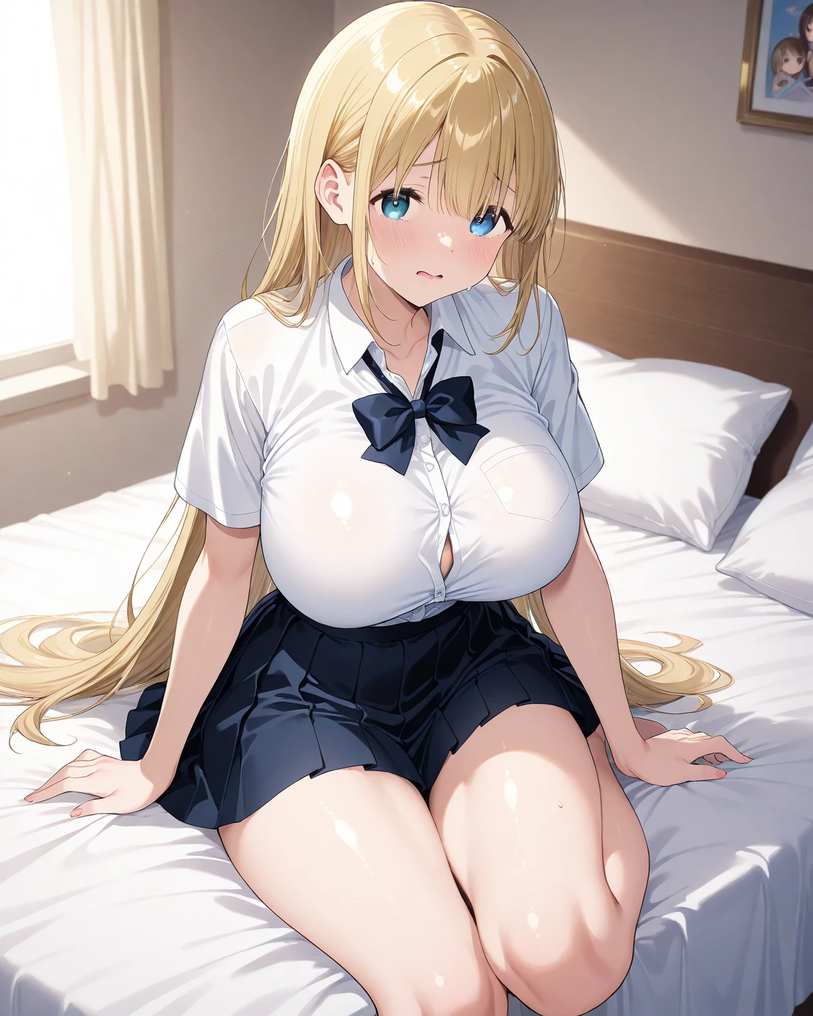 masterpiece 、best quality 、4K 、kawii、nsfw、nude、16years old 、vaginal,sex 、woman on top 、spread pussy、trembling 、bottomless、on back、drunken eyes 、black kneehighs、large breasts、vulgarity 、pussy juice 、on the bed、from below pussy、spread legs、black elbow gloves、spread legasturbation、sweat、heart shaped pupils、steam、blonde hair、long hair 、trembling、tia(nikke)