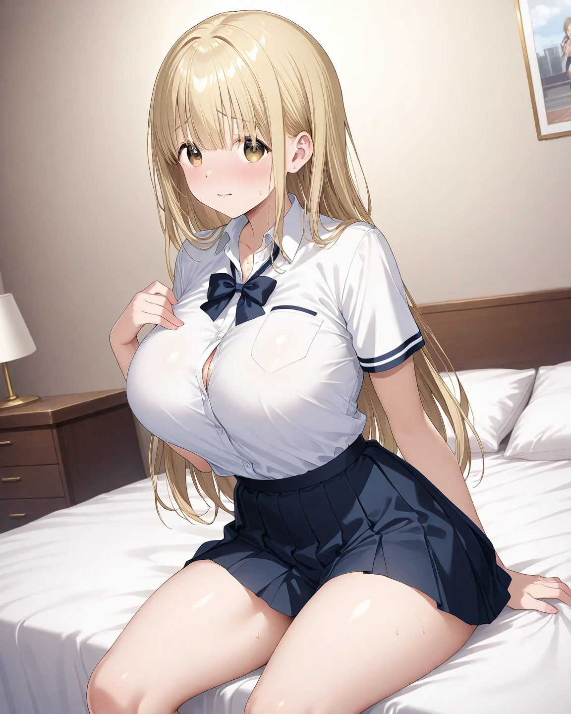 (Highest quality:1.2, Anime works, Very detailed, High detail, digital coloring, High Contrast, masterpiece:1.2, Highest quality, Best aesthetics), (((Kitagawa Marine, 1 Girl))), Blonde, Straight Long Hair, Pink gradient hair, Red eyes, Earrings, White shirt, Black Choker, Blue tie, Check skirt, Grin, smile, The pose is random、 Cowboy Shot, Cute room、Girly room、Room with bright lighting、White Wallpaper、Stuffed toys near the pillow、Sit on the bed、Leg spread、Huge breasts、Thin fabric shirt、The color of underwear is random、Stick your ass out