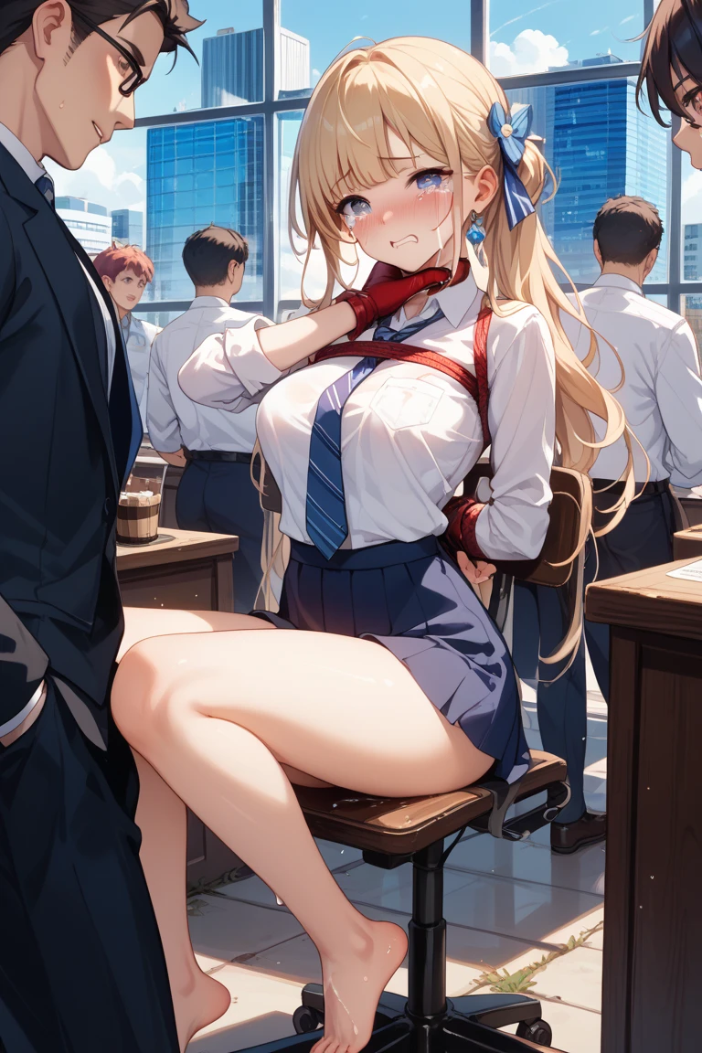 NSFW, (masutepiece, Best Quality, photographrealistic:1.4), (Shiny skin), (nffsw, 8K Wallpaper, High resolution), Perfect Anatomy, Cinematic lighting, Physically-based rendering, Award-winning, highlydetailed skin, extra detailed face, Eyes with beautiful details, Carl Zeiss 85mm f/1.4, BREAK, (((1 Man and, Having sex:1.3))), (Upright straddle, Face to face:1.5), On the floor, BREAK, Very cute 29-year-old woman , ( Yellow wavy semi-long hair and bangs), medium breasts with cleavage, (Unbuttoned wet red school blouse, Navy Pleated Skirt Lift, Black Knee High Socks, lowfers:1.3), (1girl in: Nasal blush and mischief, Drooling, Almost closed eyes:1.1), (1man: a handsome (Old Man), Wearing a recruit suit、 (He is grabbing a girl's chest) No formula:1.3), BREAK, (In the classroom in the middle of the night, Moonlight), View from diagonally forward, View from below,