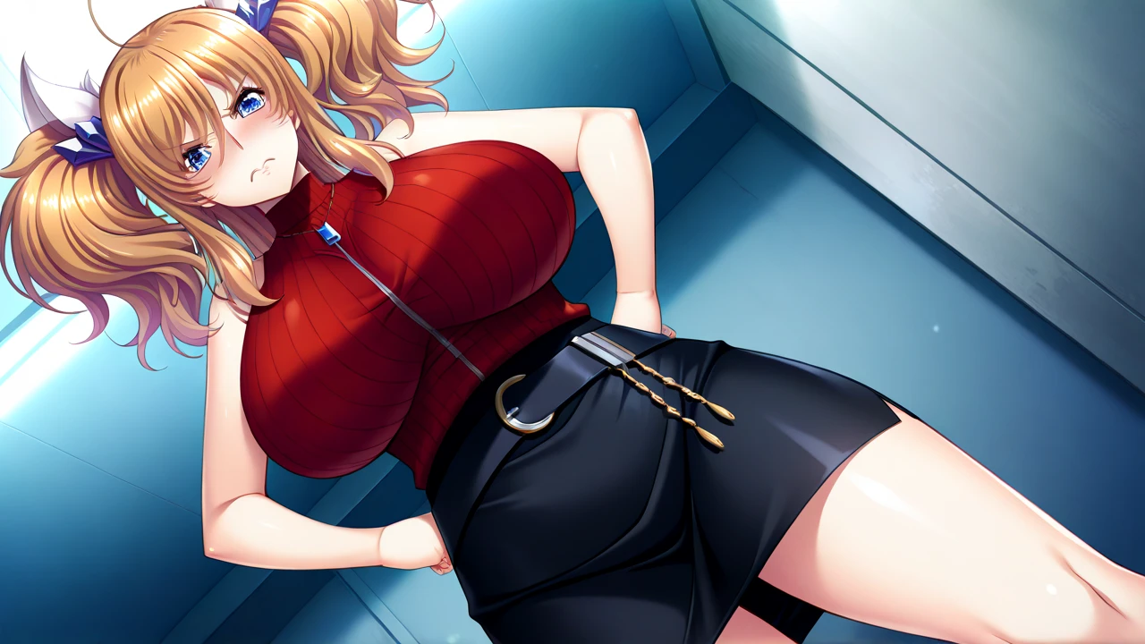 ((Tabletop, Highest quality, High resolution, Pixel perfect, 4K, nsfw)))、1 Girl, single, alone, Beautiful woman、 ((short hair, Long sideburns、Blonde)), ((blue eyes, Beautiful eyelashes, Realistic eyes)), ((Detailed face, blush:1.2)), ((Smooth texture:0.75, Realistic texture:0.65, Realistic:1.1, Anime CG Style)), ((Muscular))、((Huge breasts、Thick thighs)), Perfect body、Inside the train at night、((((Embarrassing、blush))))、((Sweat))、Are standing、(Put your hands behind your head、Armpits)、White Panties、White ribbed sweater、