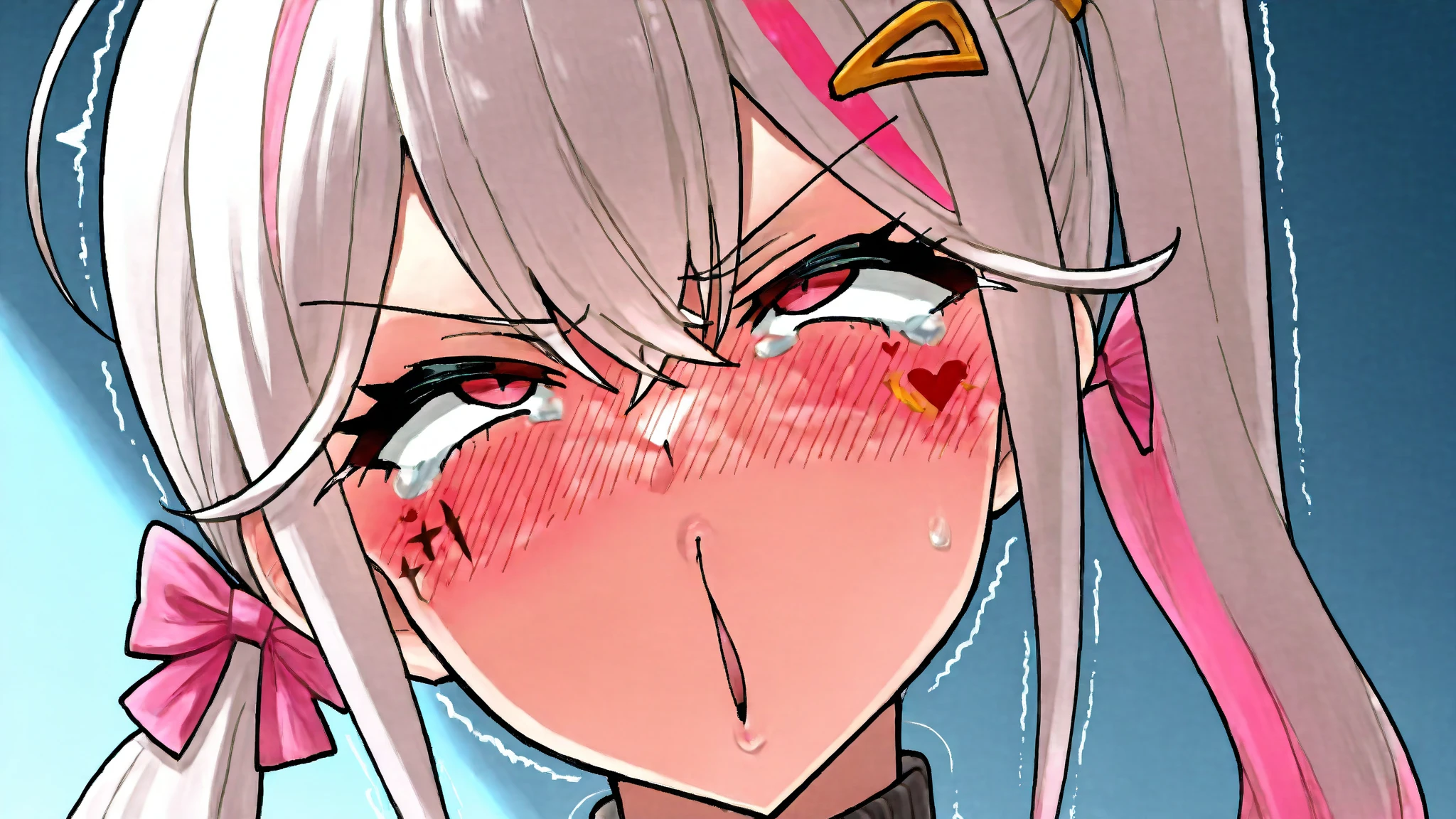 1girl in, masutepiece, Best Quality,Troubled face,Nikkeadomi,very short Pleated skirt,  Hair Ornament, bowtie, Sweater Vest, blush, grey sweater, yellow bowtie, Small breasts, backpack, White socks,,((solo girl)),nsfw,(POV),pressing lips together,kissing mouth,sweaty saliva,front view,lustrous lips,face up,((half Open eyes)),have a runny nose,Sweaty and blushing body, open arms forward,hug,open mouth,tongue out,love hotel room background, saliva, sweat,pov, Looking at Viewer,saliva, sweat,incoming hug, incoming kiss,(open arms),Sweaty body,((Focus face,focus mouth,)),