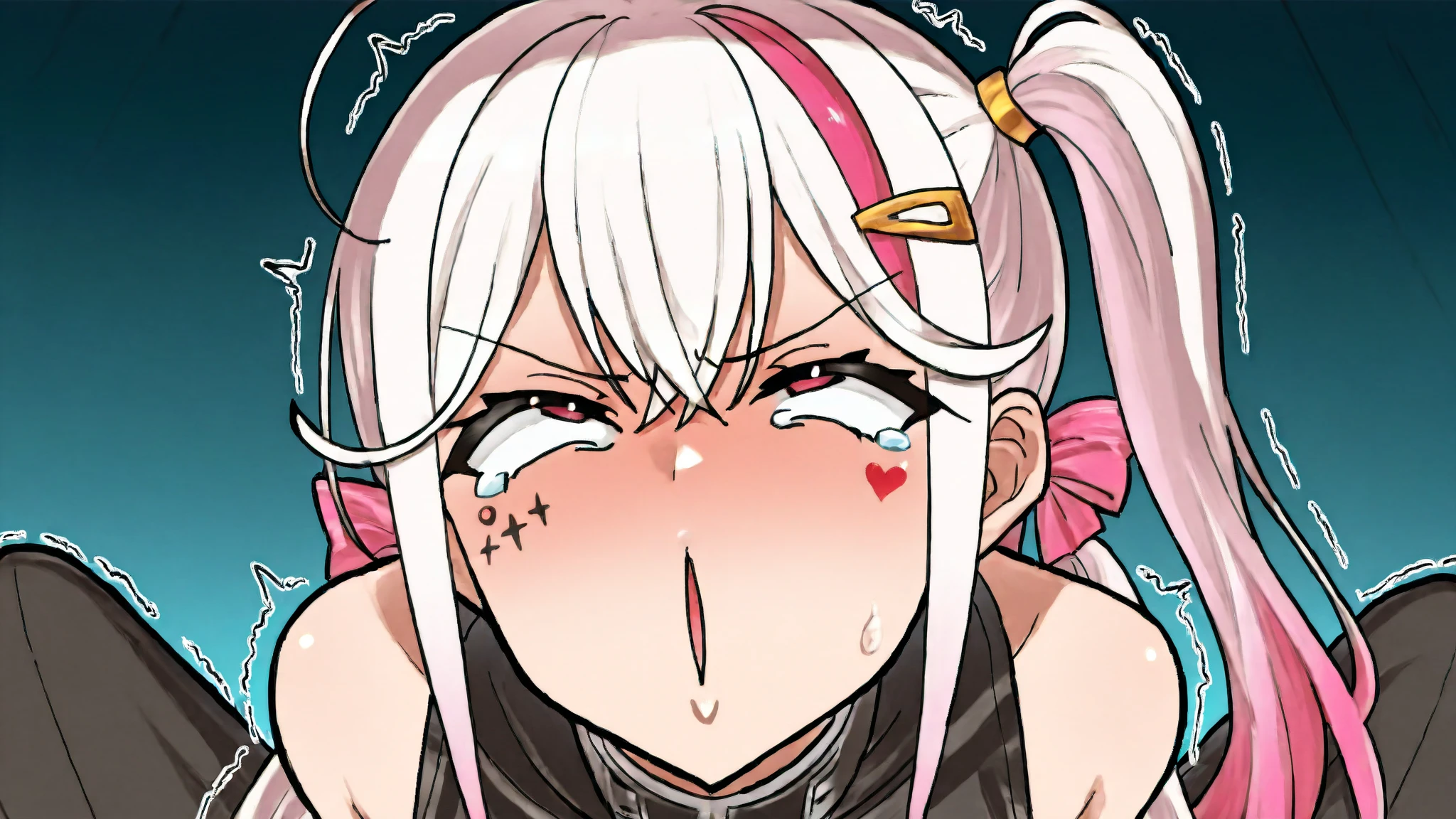 tan skinned woman, brown skin, white hair, naked, orgasm face, nipples, dark nipples, floating hearts, red lips, naughty, naughty face, ahegao, endured face, torogao, drooling, moaning, flustered, full blush, heart in eye, cum-soaked, vaginal penetration, front-facing view, open mouth, blush, tongue out, expressions, ear blush, doyagao, flustered, moaning, torogao, endured face, ahegao, naughty, red lips, full-face blush, motion blur, ray tracing, glowing light, image fill, anatomically correct, anatomically correct, retina, masterpiece, high details, highres, 16k, HD