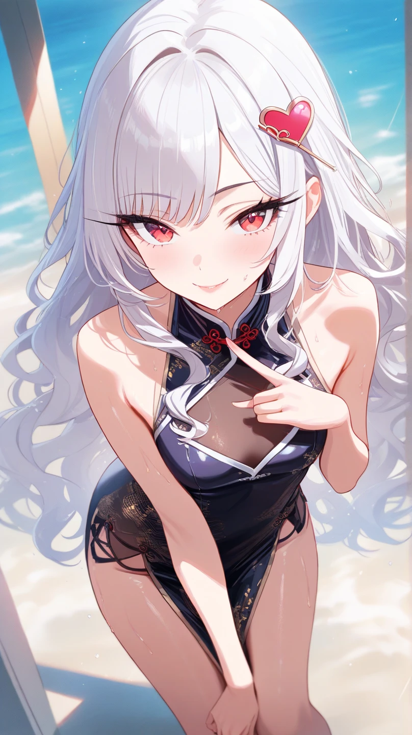 a very feminine japanese anime girl in some very provocative undies, 1girl, solo, breasts, stomach, smile, navel, sidetail, long hair, thigh strap, blue eyes, looking at viewer, bare shoulders, long sleeves, grin, open clothes, underboob, huge breasts, paper lantern, thighs, pelvic curtain, off shoulder, white hair, lantern, chinese clothes, halo, floral print, very long hair, cup, sleeveless, standing, (groin:1.4), (windy:1.4),