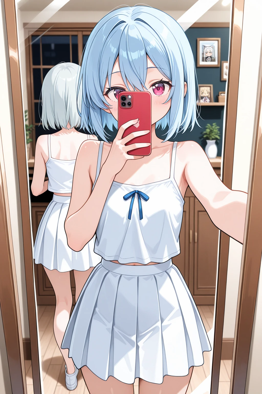 ((8k, Highest quality, masterpiece: 1.3)),Ultra-high resolution,(1 girl, alone), (Color changing eyes, Ultra-detailed, Expressive brilliance, Glitter, Glowing Eyes), Highly detailed eyes, Highly detailed face, Random Hair, ((pastel colour)),In the warmth of her bedroom, a young woman with short, tousled pastel blue hair stands in front of a full-length mirror, adjusting an oversized men’s white dress shirt she has thrown over her frame. The shirt is left mostly unbuttoned, revealing a bright yellow bikini beneath. She tugs at the collar with one hand, while the other rests on her hip, creating a confident stance. The reflection in the mirror shows the back of the shirt, just barely covering her bikini bottoms. The camera angle is from behind, with her face turned slightly towards the mirror, capturing both her reflection and the casual, yet sexy, look.