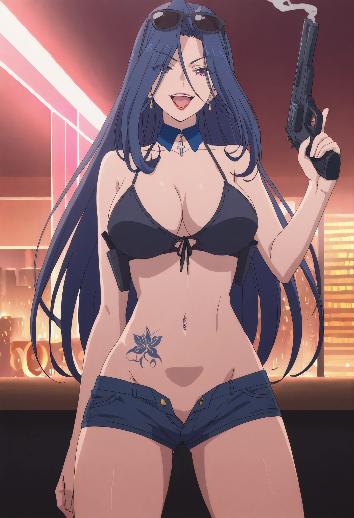 1girl,bangs,hair between eyes,blue hair,large breasts,long hair,necklace,yellow eyes, blush, lipstick, mall, shopping center,indoors, blush, lipstick, jewelry, earrings, Hot girl, baddie, mean girl, sensual, attractive, gloves,, masterpiece, best quality, highly detailed, a girls with a gun, evil smile , open mouth, sexy gaze, badass pose , evil smile, smile, guns blazing, anime girl with long hair, beautiful long haired girl, navel, evil expression, exposed belly, exposed navel, exposed midriff, exposed lower belly, long black pants, crop top, cleavage, unbuttoned leather pants ,open fly, low rise black leather pants, leather jacket, holding a gun,navel piercing