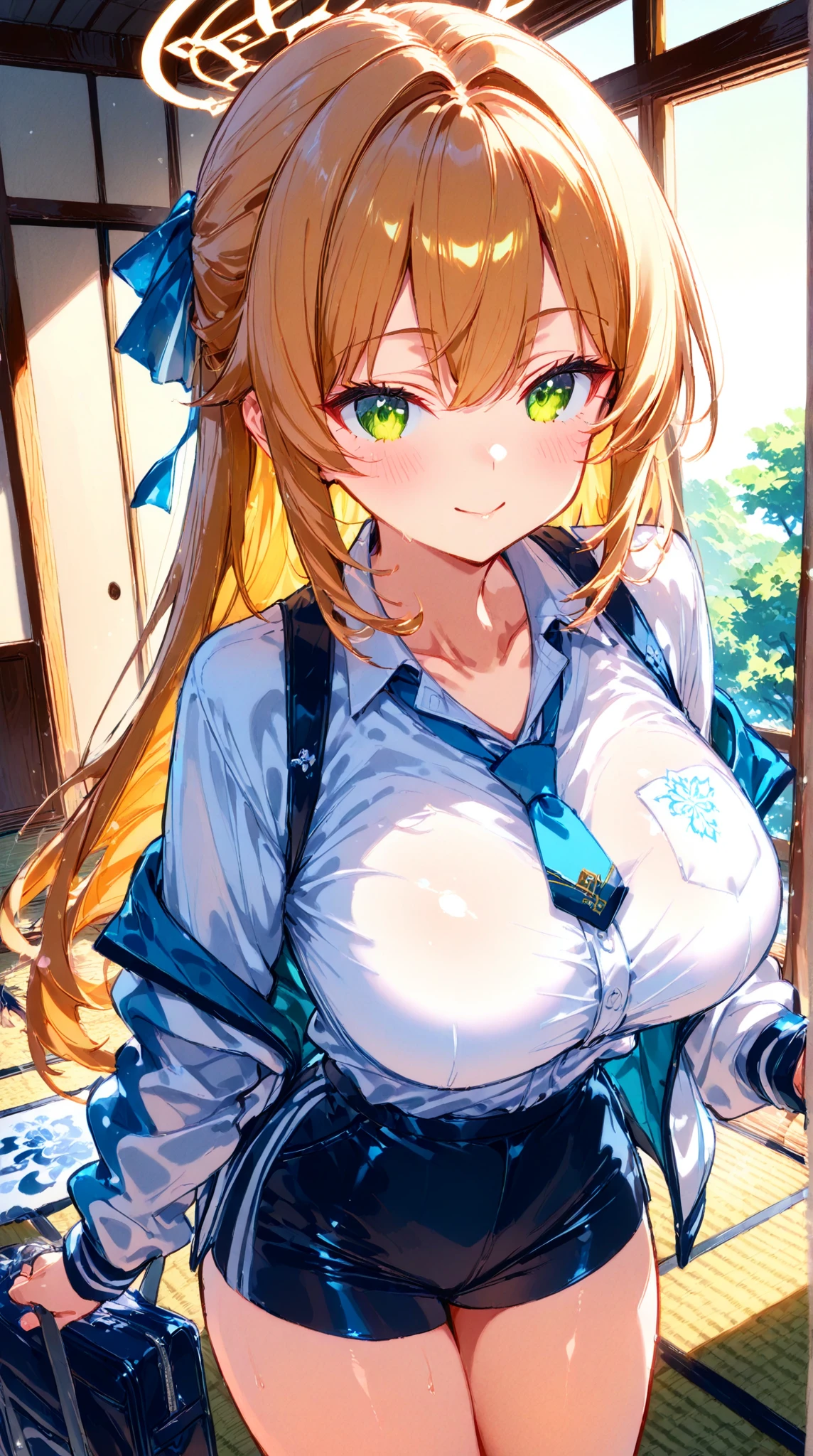 (Masterpiece: 1.2), Best Quality, (Illustration: 1.2), Eye Focus, (Ultra Detailed), Ultra Detail, (Fine Detail), (Intricate Detail), (Cinematic Light, Best Quality Backlight), Clear Lines, Solo Female, Solo Female, Perfect Figure, (1 Girl), High Contrast, (Best Lighting, Extremely Delicate and Beautiful), ((Cinematic Light)), Powerful, Absolutely Striking, Dynamic Angle, Gorgeous Background, cute Teeth, Open Mouth, mischievous smile, close-up, depth of field, close-up of a long-haired character. A cute tongue sticks out of the mouth, long hair, big breasts, short sleeves, dress, bare shoulders, braids, porcelain clothes