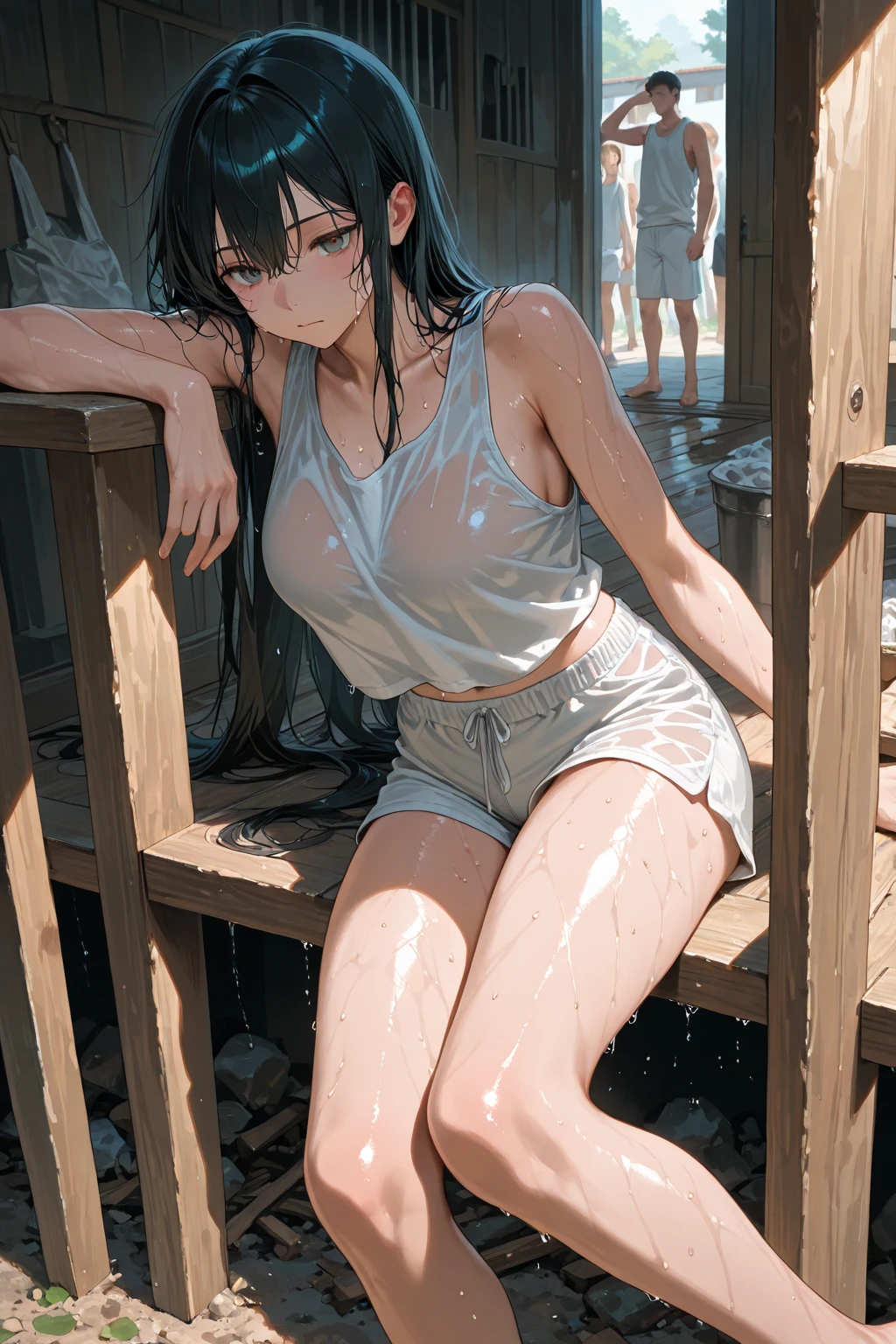 ,((perfect anatomy,realistic:1.3,RAW Photography:1.3,masterpiece、highest quality、Ultra - High resolution、High resolution、Highly detailed CG、8K)),cowboy shot,1 female,solo,18-year-old、high school girl,18-year-oldの美女,Japanese,((beautiful detailed face and eyes:1.3,big gorgeous eyes:1.3,gray eyes,shy,tears、drooling)),black hair,long bob hair,(center parted hair,forehead),shy,shy,tears,(medium breasts,slender body,small head:1.5,skinny),((oily skin)),(gleaming skin,shiny skin),(Wet clothes、white oversized shirt,Bare legs,White panties,camel toe,wet:1.7,lying,spread legs:1.5,Bathing:1.5),Sneakers、garden、Pool、Tokyo、