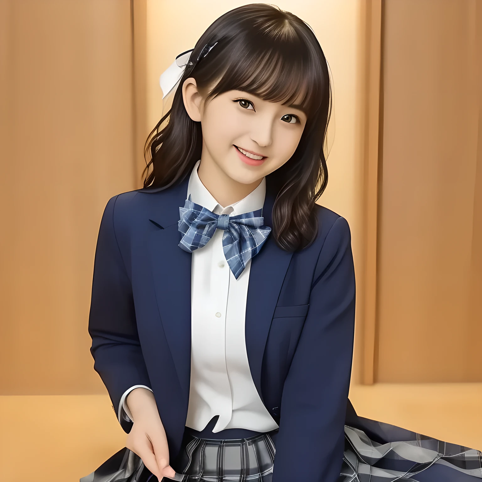 (highest quality, masterpiece, clearly detailed:1.5), highest quality, High resolution, 1080p, 8K, (Too beautiful ((purest)) ((sweetest and cutest)) ((beautiful girlish and Evolved with grace)), ((Too much beloved)) noble grown beautiful beautiful girl with detailed, Japanese, 155cm height, ((svelte silhouette)), Cloistered beauty, dreamy appearance, with detailed: 1.7), (laughing white face with unreal beauty, overflowing with translucence: 1.8), ((Neatest (navy colored) blazer school uniform, shiny-blue bow-tie, school navy pleats plaid skirt with detailed): 1.8), (Too beautiful ((cute large brown prominent eyes)), ((prominent droopy eyelid)), gazing up, and neatness charm the viewer), ((high-class and neatness of intelligent school uniform middle-length skirt is very impressing), focus on her beautiful face with detailed: 1.8), (black super-long wavy hair, bangs trimmed carefully, neat tight long hair: 2.0), (Sitting properly with knees closed on the floor: 1.5), (promotion of hotel, most intelligent girl contest winner: 2.0)