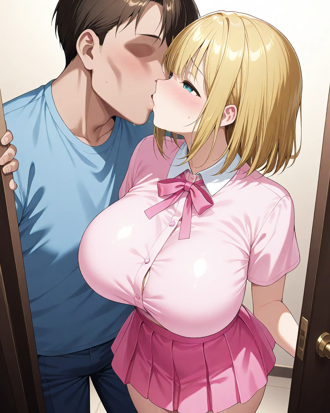 source_anime,
1girl,,(sound effects:1.2,Japanese),
pink eyes, tareme,blonde hair, short hair,big breast,swept bangs,dark jacket, dark business suit, bottomless, cleavage,
best quality, (ahegao,:0.5), hug, leg lock, girl on top, french kiss, hetero, breasts, nipples, bouncing breasts, (sex with ugly man, upright straddle, spread legs, pussy juice), (female , pussy juice splash:1.5), opening jacket, (in business office:1.3), (perspective:1.2), (motion lines:1.2)