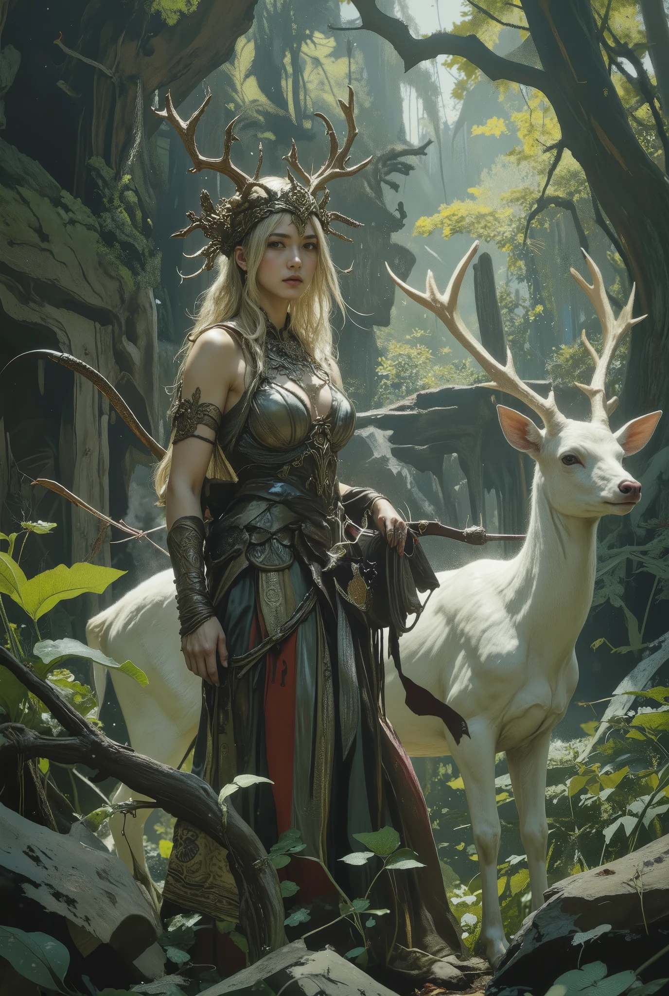A wild and mystical image of Artemis, The goddess of the hunt and the moon, em meio a uma floresta densa e iluminada pela luz prateada da lua. She is accompanied by a group of deer, symbols of their connection to nature and animals. Your bow and arrows are ready to protect wildlife.