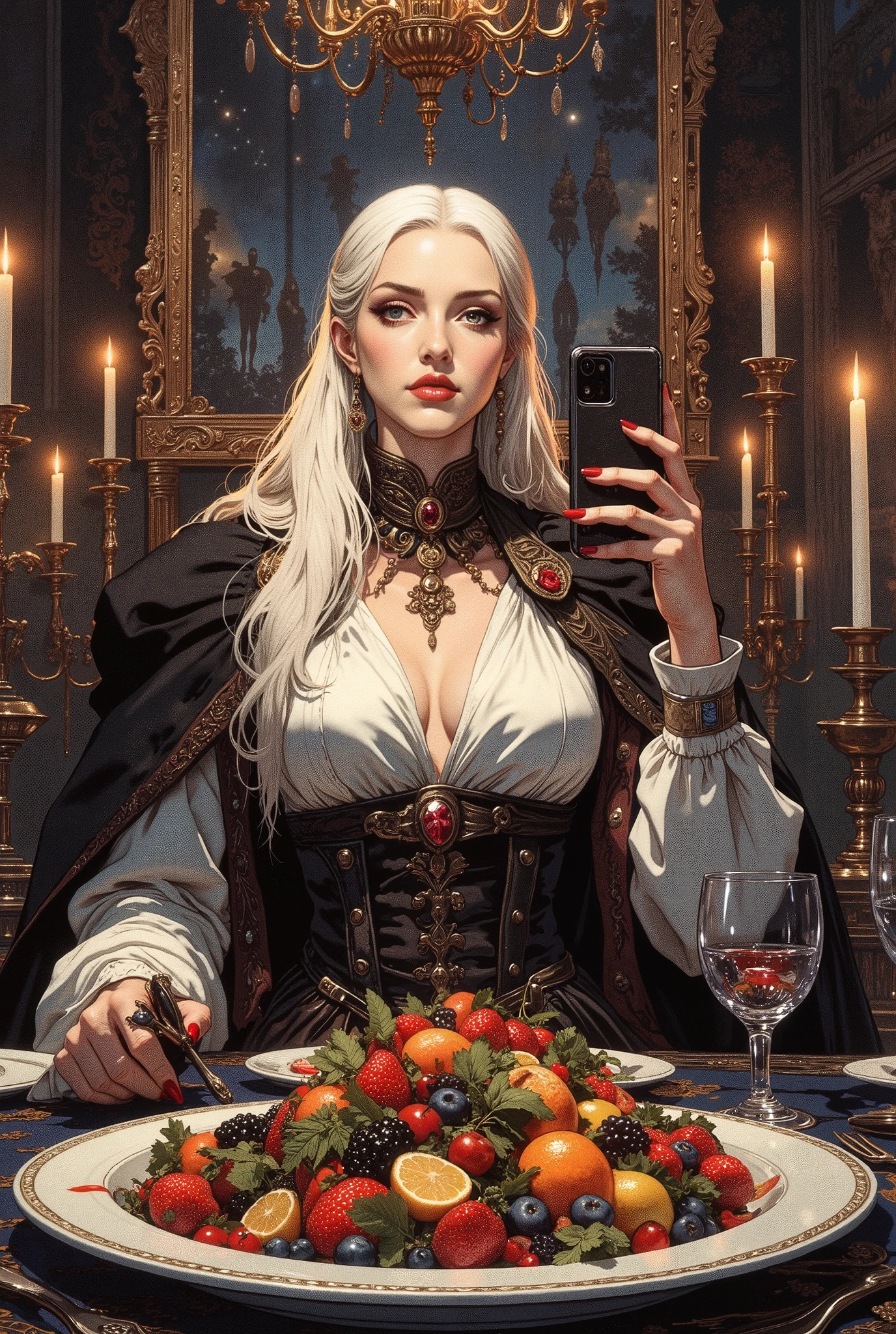 A stunning, elegant vampire woman captured from a POV perspective through a smartphone screen (as if the viewer is the iPhone she’s using to take the selfie). The composition has a fisheye lens effect, curving the scene slightly to emphasize her seductive dominance and the surreal scale of the setting.
Ella está sentada al centro de una gran mesa de banquete gótico, cubierta con un mantel de terciopelo oscuro, candelabros antiguos iluminando con fuego tembloroso y decoraciones barrocas como vajilla de plata y copas de cristal. En su plato hay ensalada fresca y frutas, extrañamente coloridas bajo la luz tenue, creando un contraste inquietante con la atmósfera sombría.
La vampiresa viste una blusa gótica blanca con escote profundo en V y pantalones negros ajustados, con joyería elegante que brilla bajo la luz de las velas. Su larga cabellera blanca ondulada cae perfectamente sobre sus hombros, y su sonrisa muestra colmillos afilados con una mezcla de seducción y arrogancia. Con un brazo extendido, sostiene el teléfono para tomar la selfie, mientras su otra mano descansa con elegancia cerca del plato, como si estuviera a punto de comer. ((white hair))
En los otros asientos de la mesa, apenas visibles gracias a la poca profundidad de campo, se distinguen siluetas humanoides difusas, como sombras inmóviles, dando la impresión de que la acompañan invitados fantasmales o figuras siniestras.
El fondo muestra un salón gótico inmenso, con columnas talladas, cortinas de terciopelo, y un gran candelabro colgando del techo. El fisheye lens enfatiza la profundidad, haciendo que la selfie parezca tanto moderna como atemporal, mezclando vanidad, misterio y terror elegante.
Detalles adicionales: niebla ligera sobre el suelo, brillo sutil de las copas, y reflejos distorsionados en la plata del banquete que amplifican el ambiente sobrenatural.