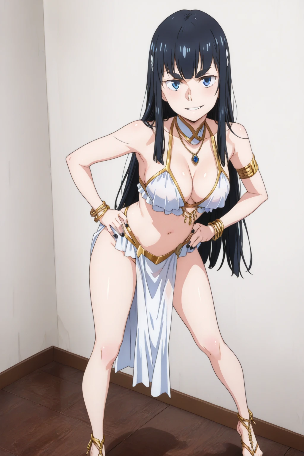 ((highest quality)), ((masterpiece)), (detailed), (16k high definition anime), Anatomically perfect body,Himari Noihara, 1girl,One girl、Perfect Face、Cute face、Beautiful Face、smile、Beautifully detailed eyes、blue eyes、Black Hair、Long Hair、ponytail、Red ribbon、(Large Breasts:1.5)、Beautiful cleavage、(bra、transparent、See-through、Nipples and areola), (panties、transparent、See-through、Female organ), Smooth body lines、Wide hips、Big ass、High Body、Beautiful long legs、Are standing、Beautiful pose、View your viewers、Bedroom Background、Above-the-knee photos、