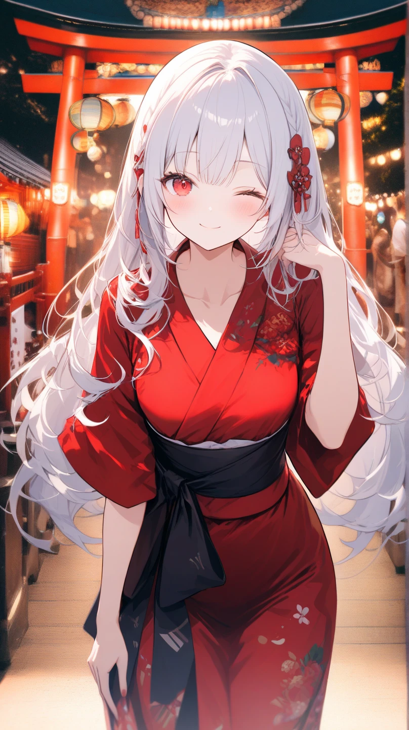 White hair, red eyes, 1girl, yukata
