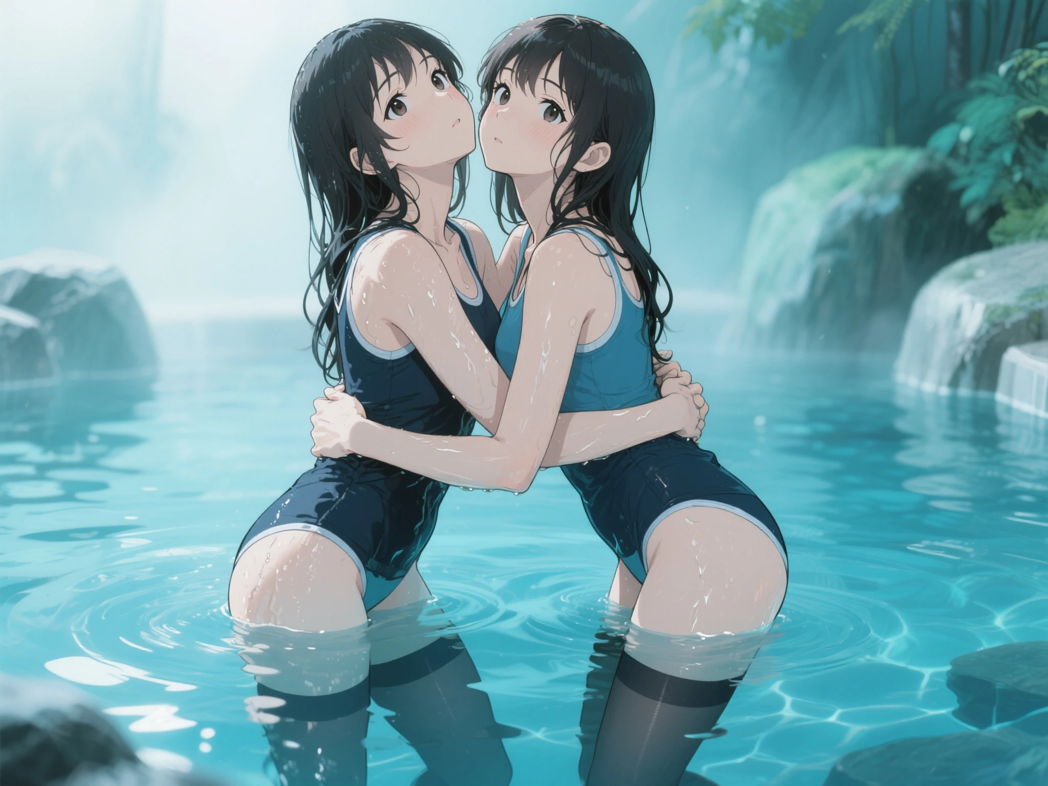 (masterpiece), best quality, (16k), expressive eyes, perfect face, lady, 3 girls, large breast, navel, BREAK, (((topless))), (((wet navy blue solid pencil mini skirt))), bare arms, bare legs, shiny skin, wet body, BREAK, outdoors, in the waterfalls, wading, BREAK, brown hair, wet hair, Lower ponytail, closed eyes, :), BREAK, standing, (upper body), ((from behind)),