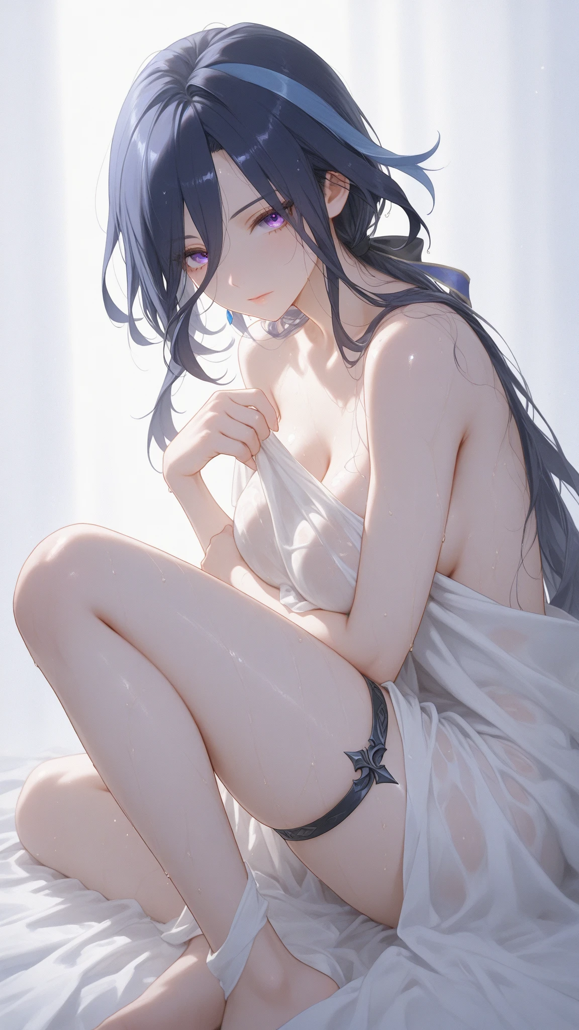 Stunning Chitanda, There is only one beautiful girl,purple eyes, black hair, Naturally straight hair, straight bangs,extremely refined,lips open,flowing long hair,Peerless beautiful girl, dreamlike,Slim,soft, (Sensual), (kawaii), Dream quality,White loose pajamas,no underwear,Dive underwater,bare shoulders,Clavicle exposed,bare neck,Bare thighs,Exposing the groin,camel toe,bare legs,barefoot,extremely shy,ultra high resolution, (masterpiece:1.2, best quality), (Exquisite and beautiful eyes: 1.2), (Beautiful and delicate face)