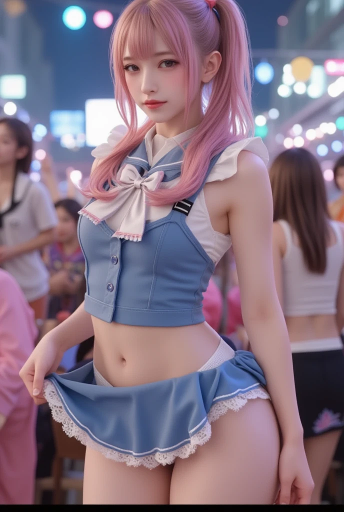 highest quality、8K、Super detailed、Female, 28 years old, Dark blue jacket, Pink Super Mini Skirt,((Skirt flip、No pants))、 ((Camera work from below)),Pink tie, socks, Pink long hair, alone, Academics、rainbow、shine、Full Body Esbian, Watching the audience, Front view,Real Photo:1.6