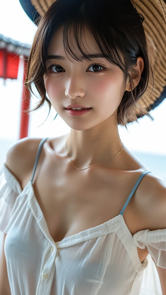 (A hyper-realistic), (illustratio), (hight resolution), (8K), (ighly detailed), (The best illustrations), (beatiful detailed eyes), (top-quality), (ultra-detailliert), (​masterpiece), (wall-paper), (detailed face), droopy eyes,full of sweat,Upper body close-up,Armpit,short-hair,inner colored,solo,Girl in simple light blue underwear, japanes, Colossal tits、A smile, luxury hotel at night