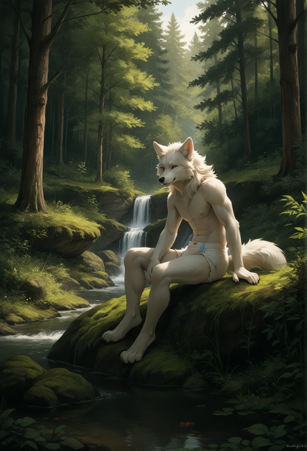 ultra-detailed, masterpiece, masterwork, high quality, best quality, hdr, posted on e621, (by darkgem), (nature, hot spring, waterfall), nsfw, male, solo, chibi, (white little body dragon), hairy dragon, (silver hair, yellow eyes, detailed eyes, white body), (nude, smallpenis, foreskin, balls), stylish pose, front view, dynamic angle