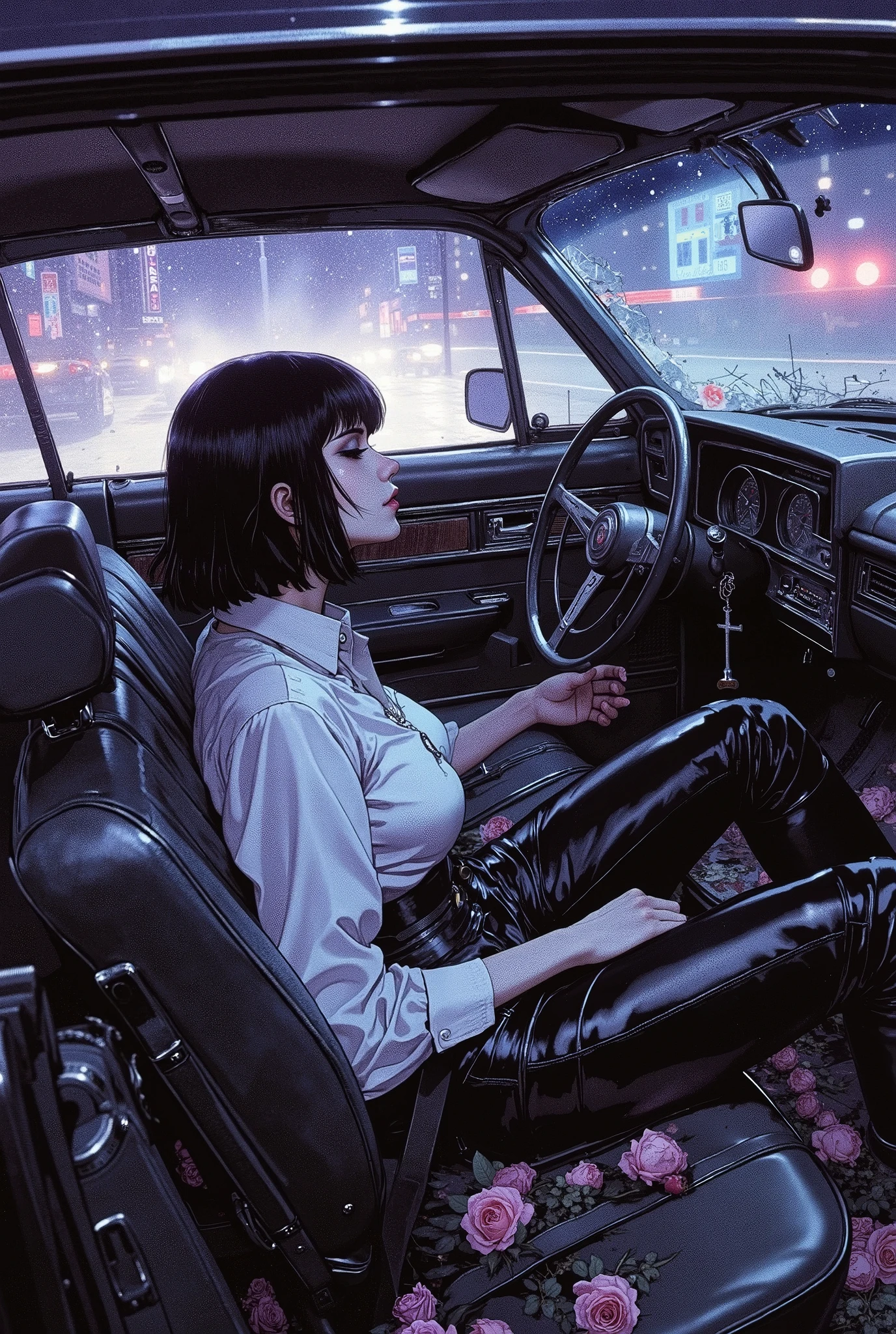 A gothic girl with pale skin and a black bob haircut lies slumped forward over the steering wheel of a black Cadillac, her posture heavy and motionless, as though caught in the aftermath of a violent crash. She wears tight black trousers, black platform boots, a slightly disheveled white blouse, and a silver cross necklace that dangles toward the dashboard, catching faint shards of light.

Inside the car, black and purple roses are scattered everywhere, some crushed on the seats, others resting against broken glass. Thick fog or mist fills the interior, creating a haunting, surreal atmosphere, as though the air itself carries a ghostly presence.

The windows are shattered, jagged edges glinting faintly, with shards of glass on the seats and floor. City lights from outside blur through the fractured windshield, casting distorted streaks of color across her pale face and the dark, ruined interior.

The lighting is moody and cinematic, with cold tones dominating, punctuated by faint purple highlights reflecting off the roses. The overall scene feels tragic, beautiful, and haunting, blending neo-noir urban aesthetics with gothic surrealism, like a frozen moment from a dark cinematic dream.