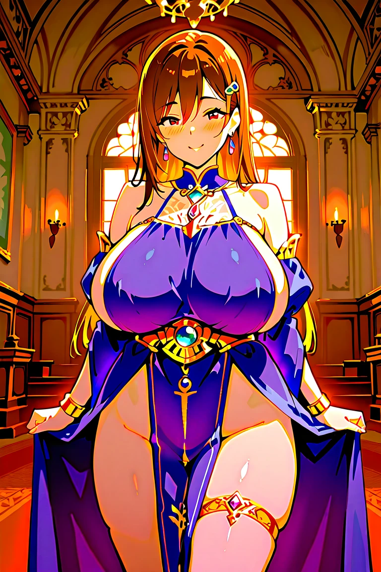 (One girl)、((short hair))、((Blonde))、(Sato Air)、((Big super breasts))、(Chubby)、beautiful girl、((Big thighs))、((Hanekge))、Blue Eyes、Navy blue leotard、No sleeve、(Princess Knight)、Bangs between the eyes、((thigh-high socks thighhighs))、(long gloves)、smile、((see-through))
