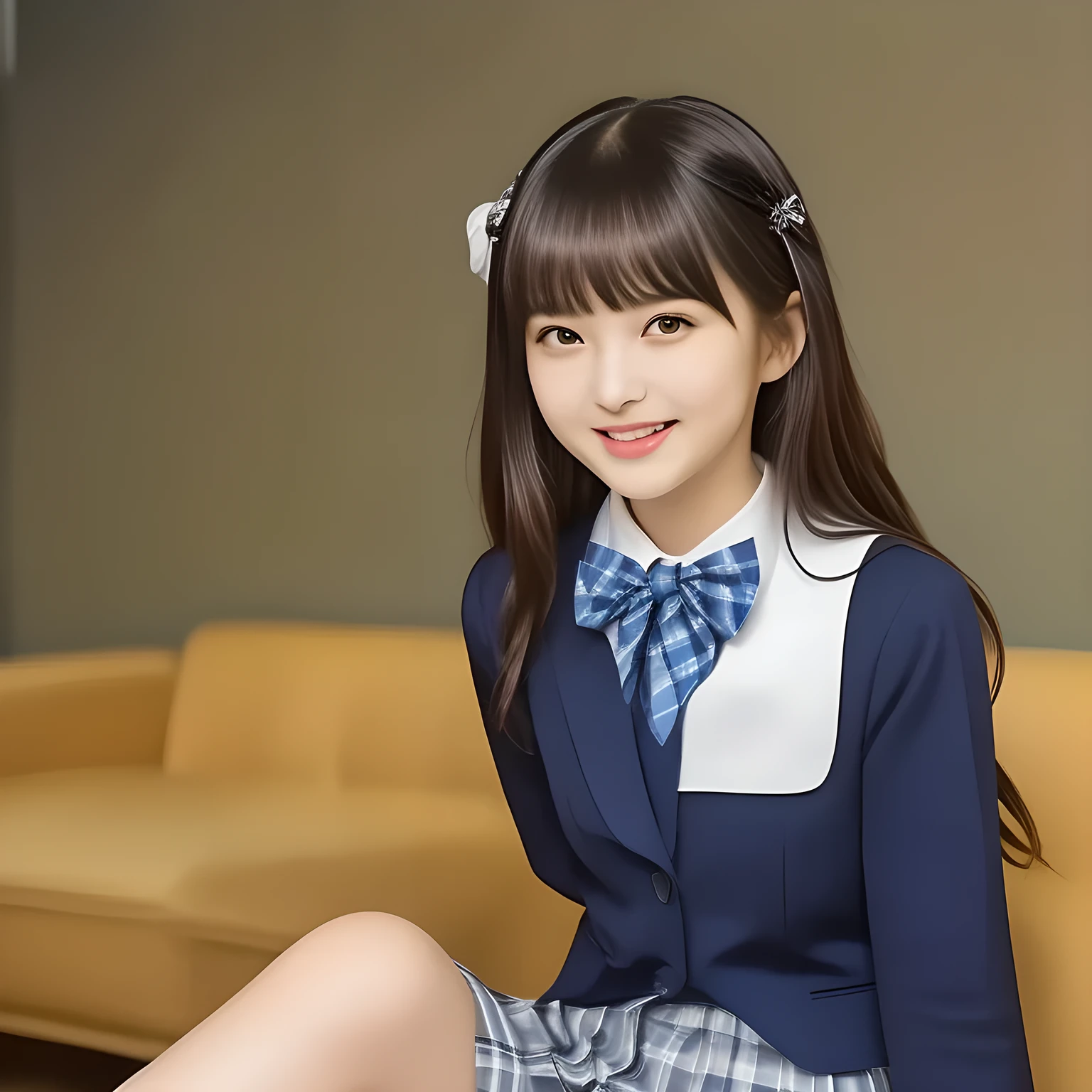 (highest quality, masterpiece, clearly detailed:1.5), highest quality, High resolution, 1080p, 8K, (Too beautiful ((purest)) ((sweetest and cutest)) ((beautiful girlish and Evolved with grace)), ((Too much beloved)) noble grown beautiful beautiful girl with detailed, Japanese with European eyes, 155cm height, ((svelte silhouette)), Cloistered beauty, dreamy appearance, with detailed: 1.7), (laughing white face with unreal beauty, overflowing with translucence: 1.8), ((Neatest (navy colored) blazer school uniform, shiny-blue bow-tie, school navy pleats plaid skirt with detailed), brown loafers: 1.8), (Too beautiful ((cute large brown prominent eyes like a French girl's eyes)), ((prominent droopy eyelid)), gazing up, and neatness charm the viewer), ((high-class and neatness of intelligent school uniform middle-length skirt is very impressing), focus on her beautiful face with detailed: 1.8), (black super-long wavy hair, bangs trimmed carefully, neat tight long hair: 2.0), (Sitting properly with knees closed on the floor: 1.5), (promotion of hotel, most intelligent girl contest winner: 2.0)