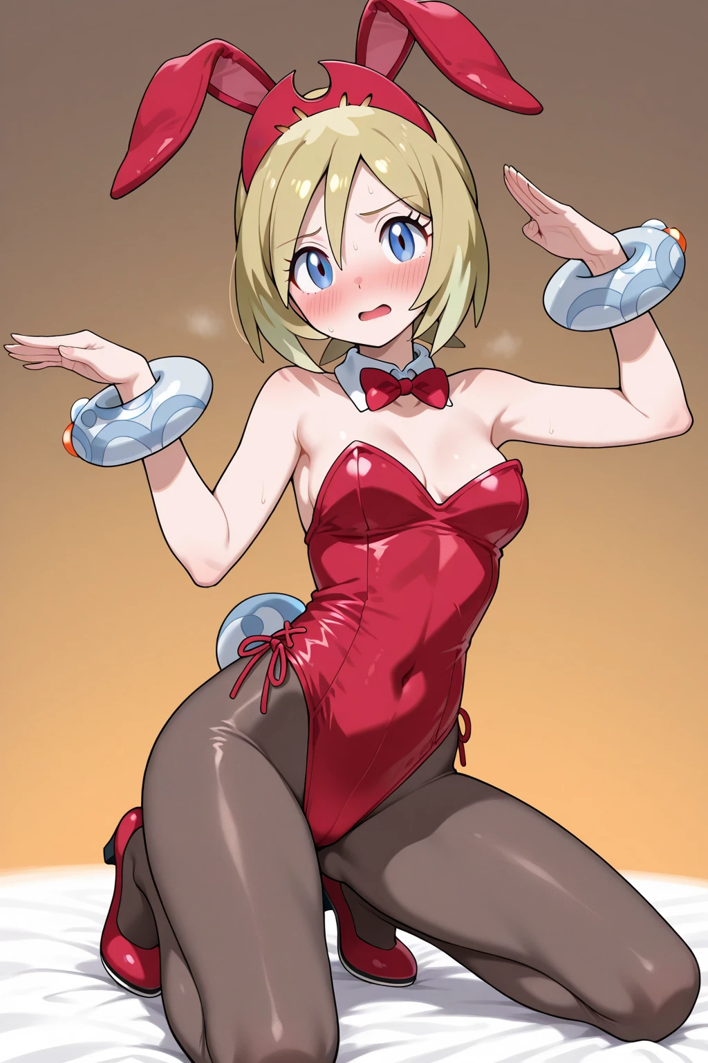 masterpiece , best quality, highres , sarah Miller ,12 years old , 1girl, (Cammy branco ) , blonde hair ,smug smile , red beret, (Red Head Outfit:1.3), blue eyes, scar on cheek, green leotard, flat chest , sleeveless, red gloves, gloves , Standing, sexy , background murro