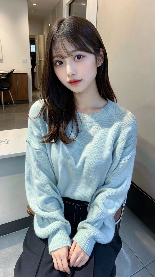 1girll， 独奏， tmasterpiece， a matural female，Best quality at best， 8k wallpaper， beatiful detailed eyes， fully body photo， 黑The eye， Detailed hairpins， swimmingpool， Wet body，Blue long-sleeved sweater，Ultra shorts，Outdoor swimming pool，Mouth open，Sat down，Surreal graphics，