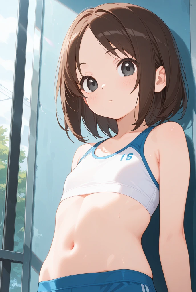 One girl, (((masterpiece))), highest quality, highest quality, Attention to detail, Hirasawa Yui, One girl, Two yellow hairpins, short hair, Brown haired, Brown eyes, solo, underwear, pants, bikini, whole body, Full Image, Awareness-raising, Comic Strip, Calm tone, Calm colors, Soft cinematic light, Adobe Lightroom, Photo Lab, High resolution, Complex and highly detailed、(((Depth of written boundary))))。(((masterpiece)))。(((highest quality))).)((Ultra-detailed)))。(((Awareness-raising)))。(((Take-out))).Dynamic Focus.Big Breasts.(((School))).(((A School swimming pool))).(((Happy Face))). Open your mouth.(((Put your hands on your hips))).(((On the chest))).((Afternoon glow)).((The Sunset Sun)).