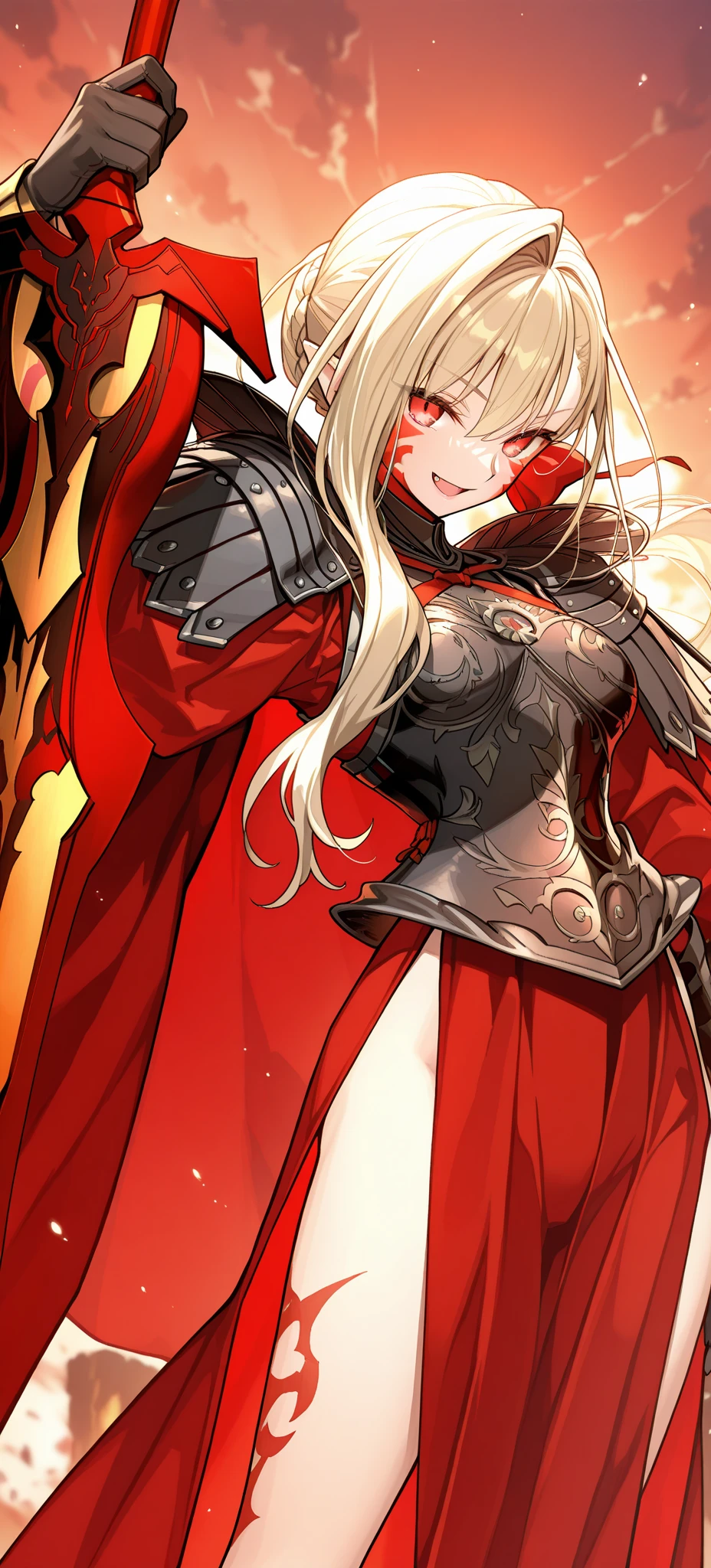 1girll,redheadwear,O cabelo multicolorido,Purple eye,Wear a mask on your head,Sideslit,Red light particles,the wallpaper,sword,Bloodstained broken red armor,Semi-exposed skin