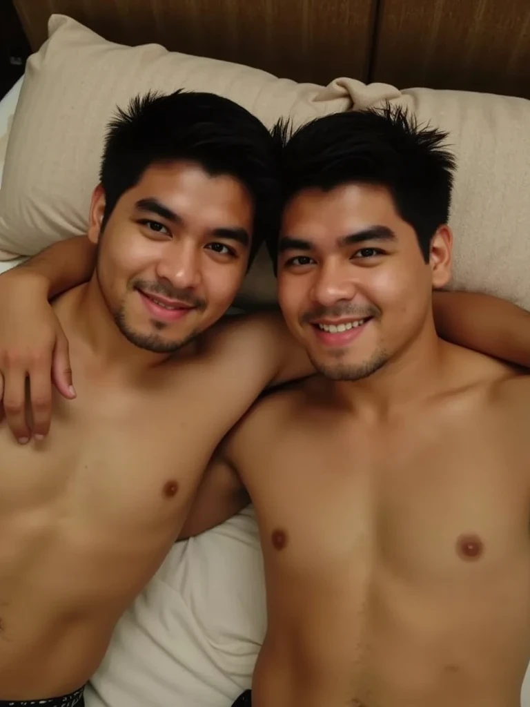 2 people, handsome men, short hair, muscles, bed, no chest hair, armpit hair, whole body, naked, no facial hair