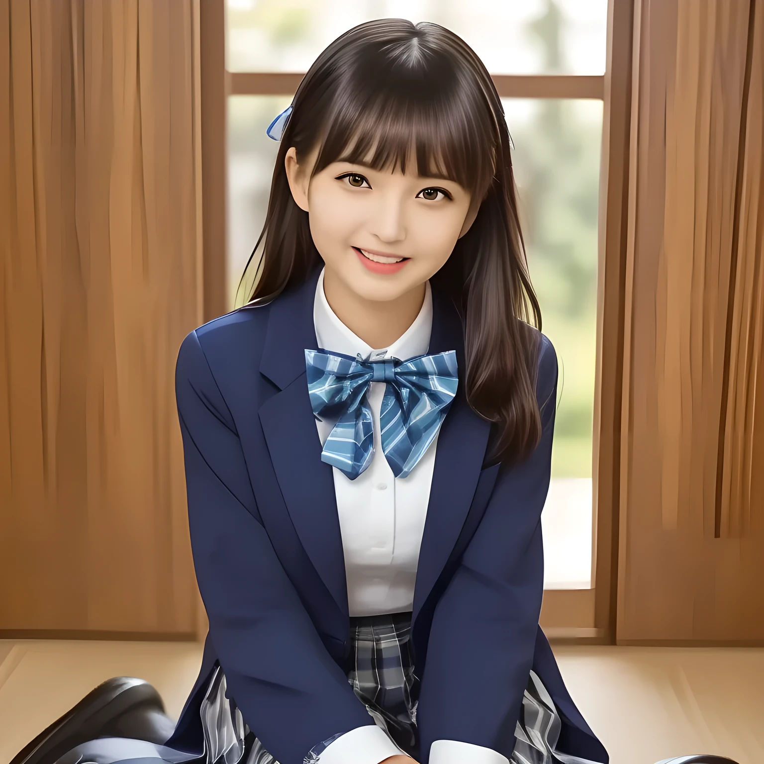 (highest quality, masterpiece, clearly detailed:1.5), highest quality, High resolution, 1080p, 8K, (Too beautiful ((purest)) ((sweetest and cutest)) ((beautiful girlish and Evolved with grace)), ((Too much beloved)) noble grown beautiful beautiful girl with detailed, Japanese with European eyes, 155cm height, ((svelte silhouette)), Cloistered beauty, dreamy appearance, with detailed: 1.7), (laughing white face with unreal beauty, overflowing with translucence: 1.8), ((Neatest (navy colored) blazer school uniform, shiny-blue bow-tie, school navy pleats plaid skirt with detailed), brown loafers: 1.8), (Too beautiful ((cute large brown prominent eyes like a French girl's eyes)), ((prominent droopy eyelid)), gazing up, and neatness charm the viewer), ((high-class and neatness of intelligent school uniform middle-length skirt is very impressing), focus on her beautiful face with detailed: 1.8), (black super-long wavy hair, bangs trimmed carefully, neat tight long hair: 2.0), (Sitting properly with knees closed on the floor: 1.5), (promotion of hotel, most intelligent girl contest winner: 2.0), take a shot from side