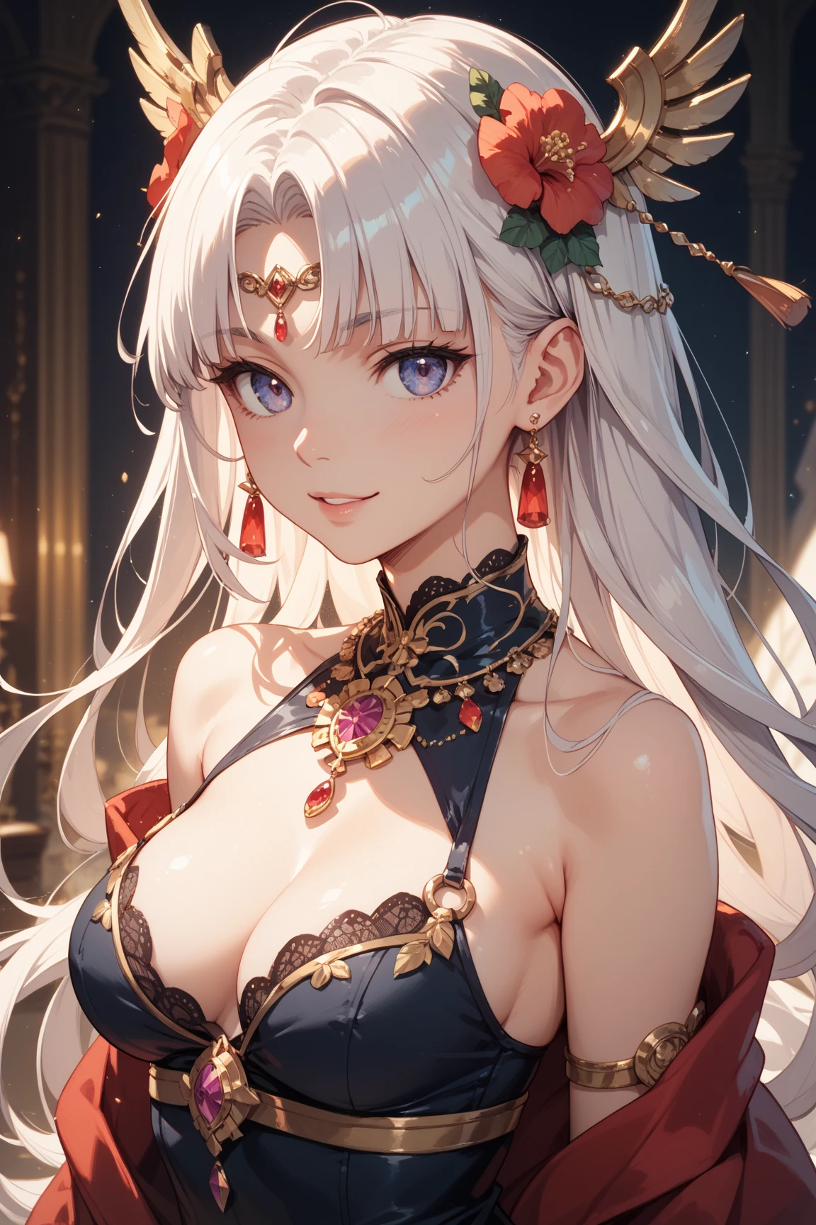 woman, Severe, Warrior, armor, elegant, Pink Dress, aristocratic, silver element, Long nails, Exposing shoulders, Hairstyle, Put your hair up, Braids and ponytails, Messy, arrogant, Absurd, detailed dress, Royalty, celebration, Hall decorated with flowers, Cowboy Shot, Portraiture, (highest quality), (masterpiece), (Very detailed), (4K)