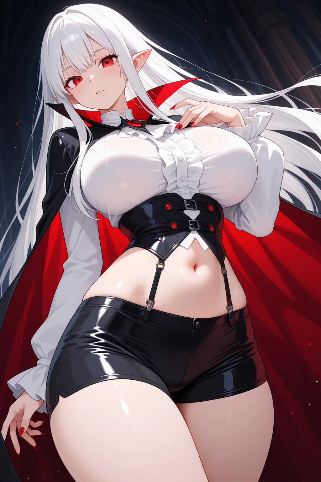 (Ashenhardt style:1.4), Masterpiece, Best quality, High quality,(Red eyes with dark red glow), (in profile), Abstraction, Deep Sea, Award-winning photography, Depth of field, HDR, Very detailed, Trending in art station, Trending in CGsociety, Complex, High detail,(Masterpiece: 1.2, highest quality), (Best lighting, very delicate and beautiful), (Best lighting, Very delicate and beautiful), (beautiful detailed face), (detailed eyes and detailed face:1.2), dark fantasy, (young girl, 1girl, solo, crazy smile, pale skin,G cup,cleavage,19 piercings,((tattoo all over body,tribal tattoo all over foot)) gray hair, red glowing eyes, dynamic angle, vampire), ((back art paint on the ground, pointy_ears, fangs, blood on face, blood rain, blood mist, (depth of field),high contrast,(blood splash:1.4),cowboy shot,full body, colorful poses,((Uniform,Blazer,Ruffled miniskirt,Light colored panties:1)),Cowboy shot,Denim jacket, really short clothes, visible pussy, NSFW